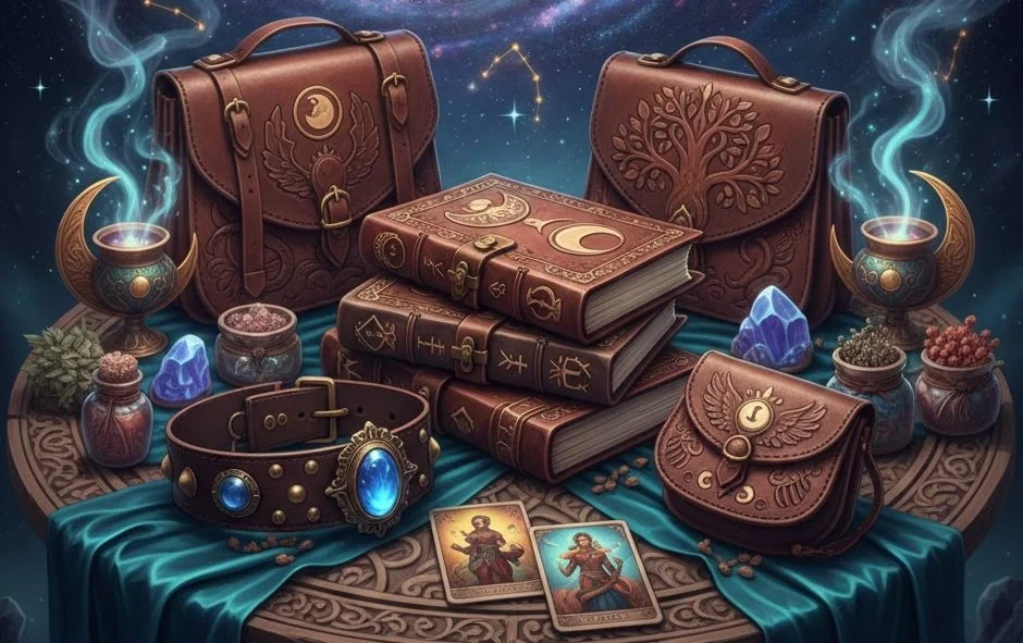 A mystical collection of items on a blue cloth, including three stacked leather-bound books, two leather satchels with astrology symbols, a jeweled wristband with a large blue gemstone, and several vials and crystals. There are also two tarot cards, candles with smoke, and a starry night sky with constellations in the background.