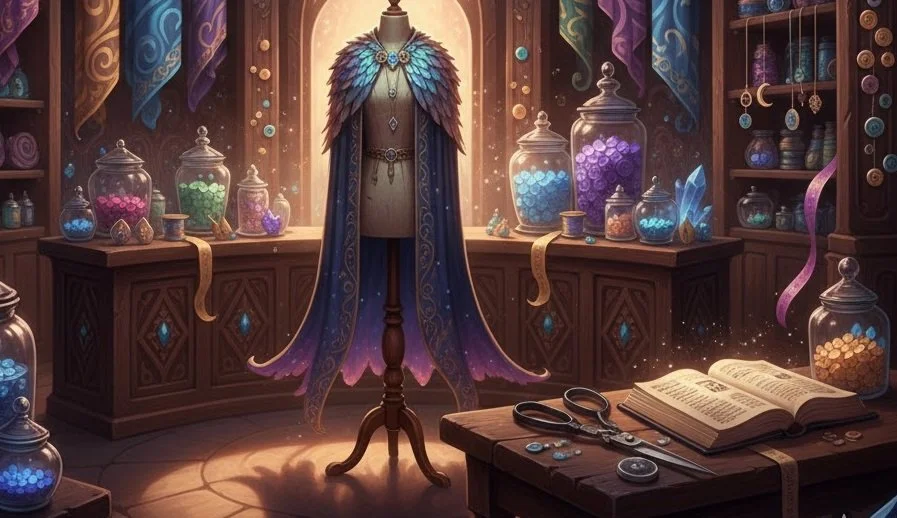 A magical, wizard-like workshop filled with jars of colorful potions, a magician's robe on a mannequin, an open spellbook, scissors, and various magical items, illuminated by warm, enchanting lighting.