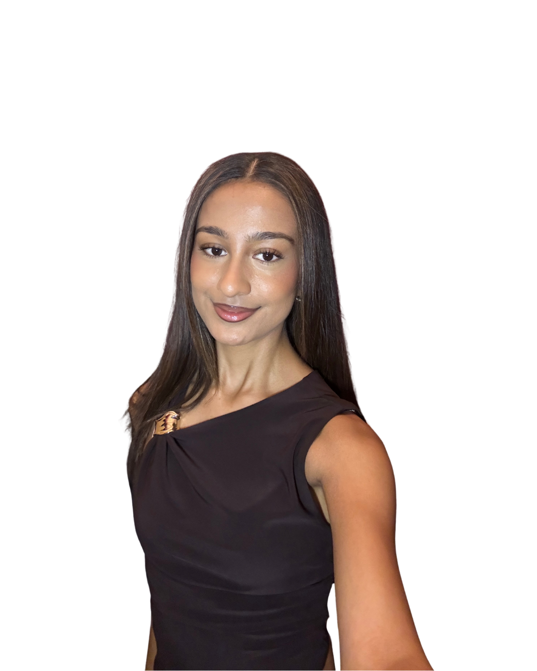 A woman with long dark hair wearing a black sleeveless dress, smiling, against a plain white background.