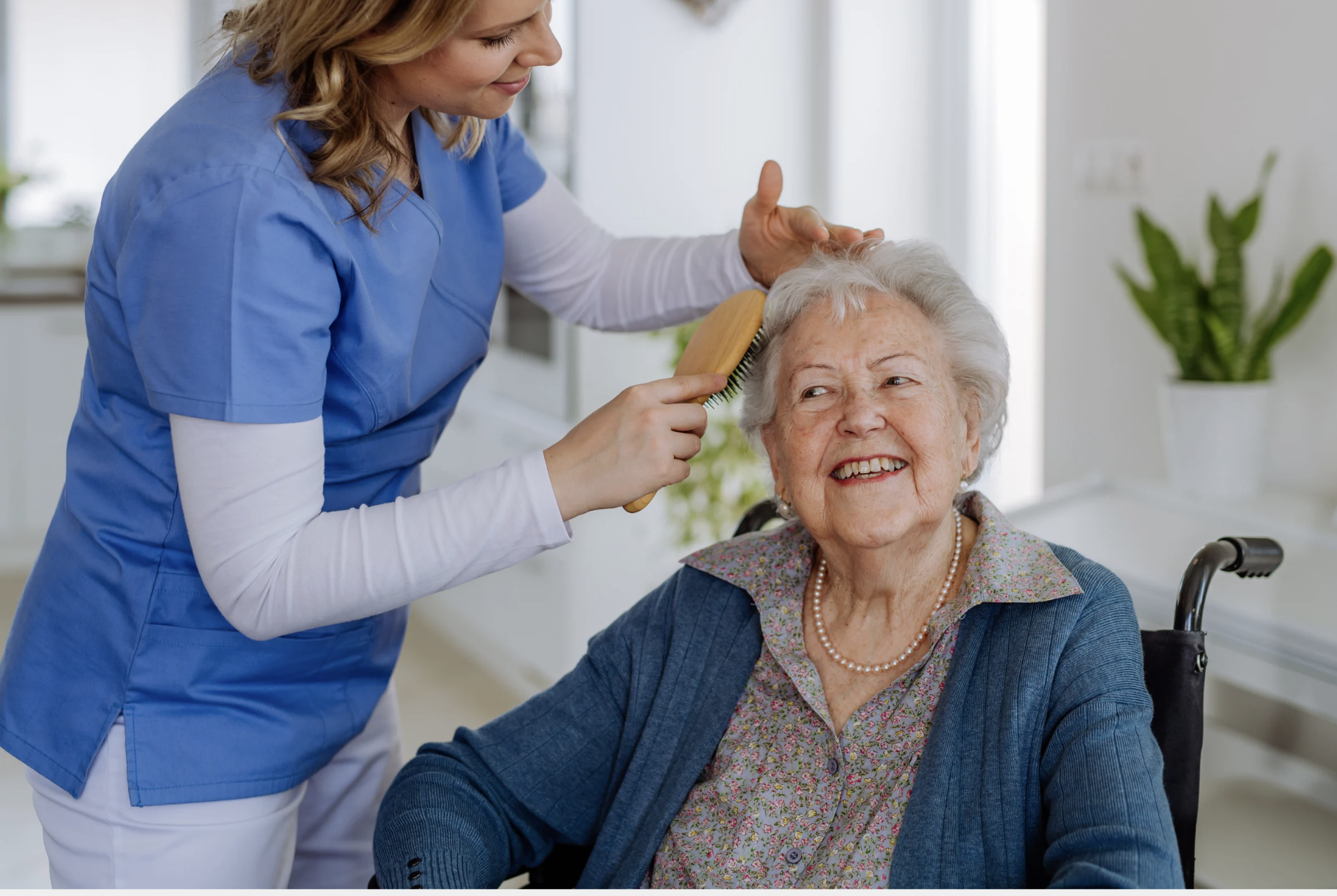 A caregiver brushing an elderly woman's hair in a bright, comfortable room with a potted plant in the background.