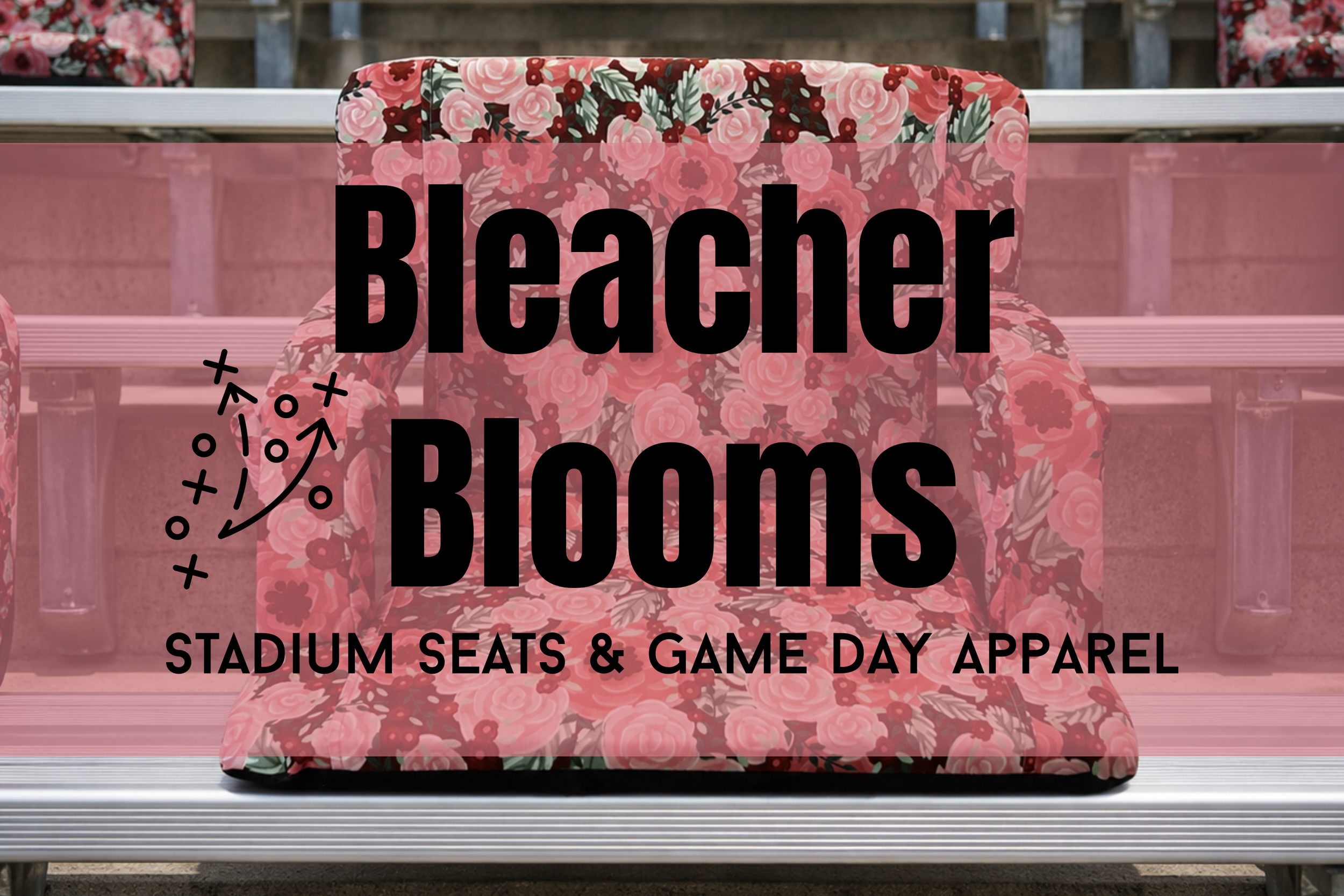 A sign on stadium seats advertising boutonniere bouquets for game day attire with a floral pattern background and overlaid black text.