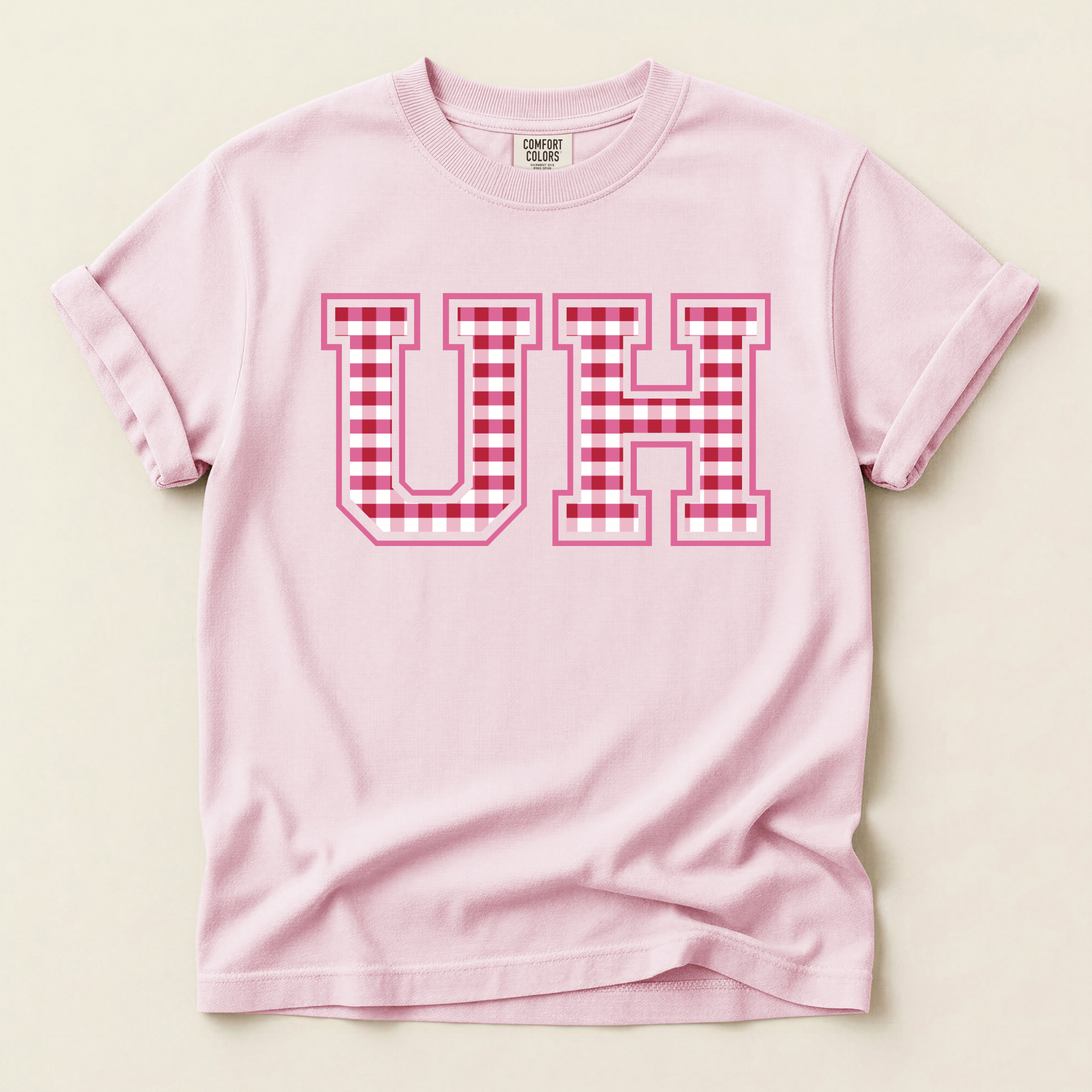 College Designs - Gingham UH Pink T-Shirt Mockup.png