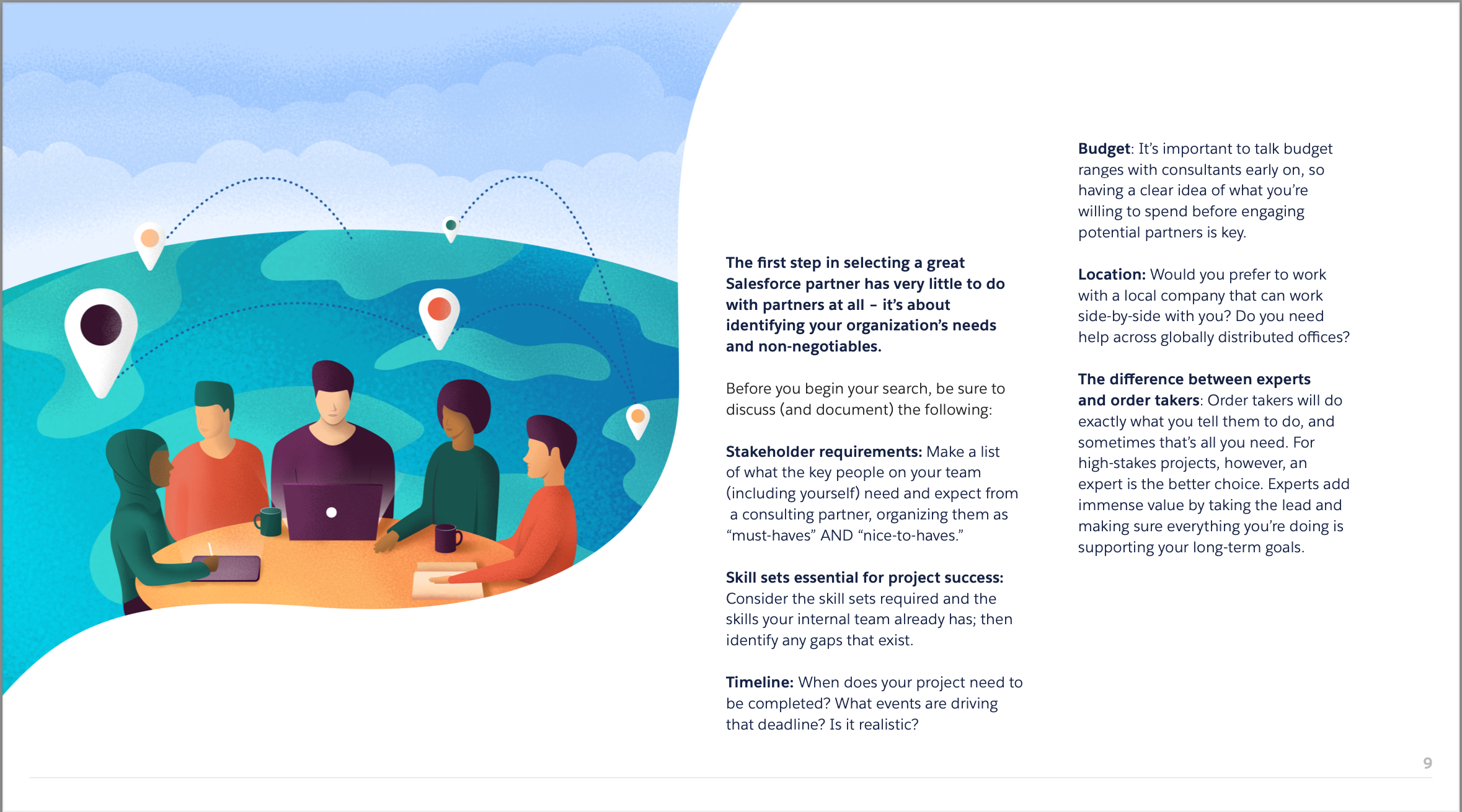 Illustration of diverse group in discussion with globe and location pins in background, accompanied by text on selecting a Salesforce partner, focusing on stakeholder requirements, skills, budget, location, and experts versus order takers.