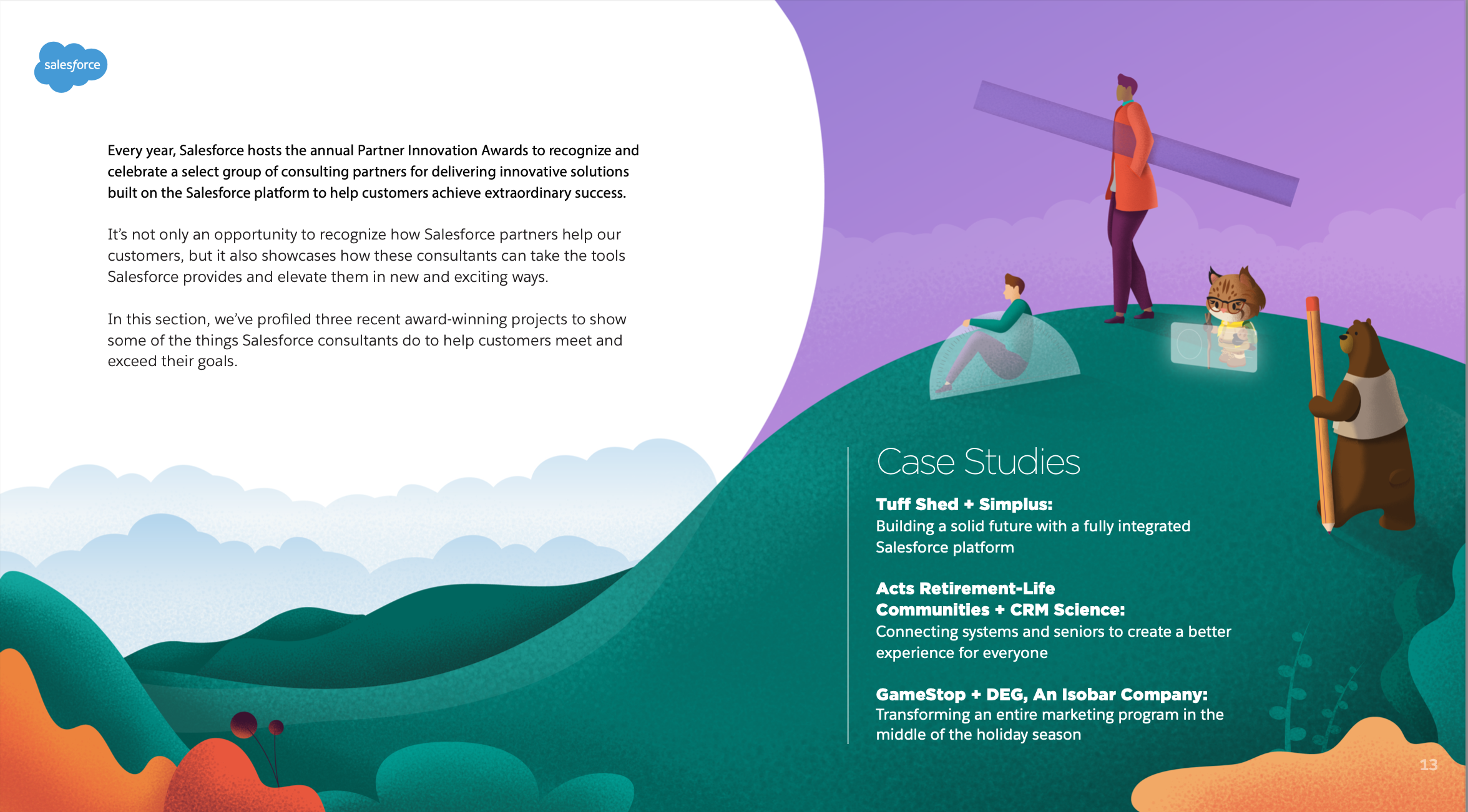 Illustrated Salesforce marketing content featuring Partner Innovation Awards, with a purple-themed landscape, diverse characters, and case studies from Tuff Shed, Acts Retirement-Life, and GameStop.
