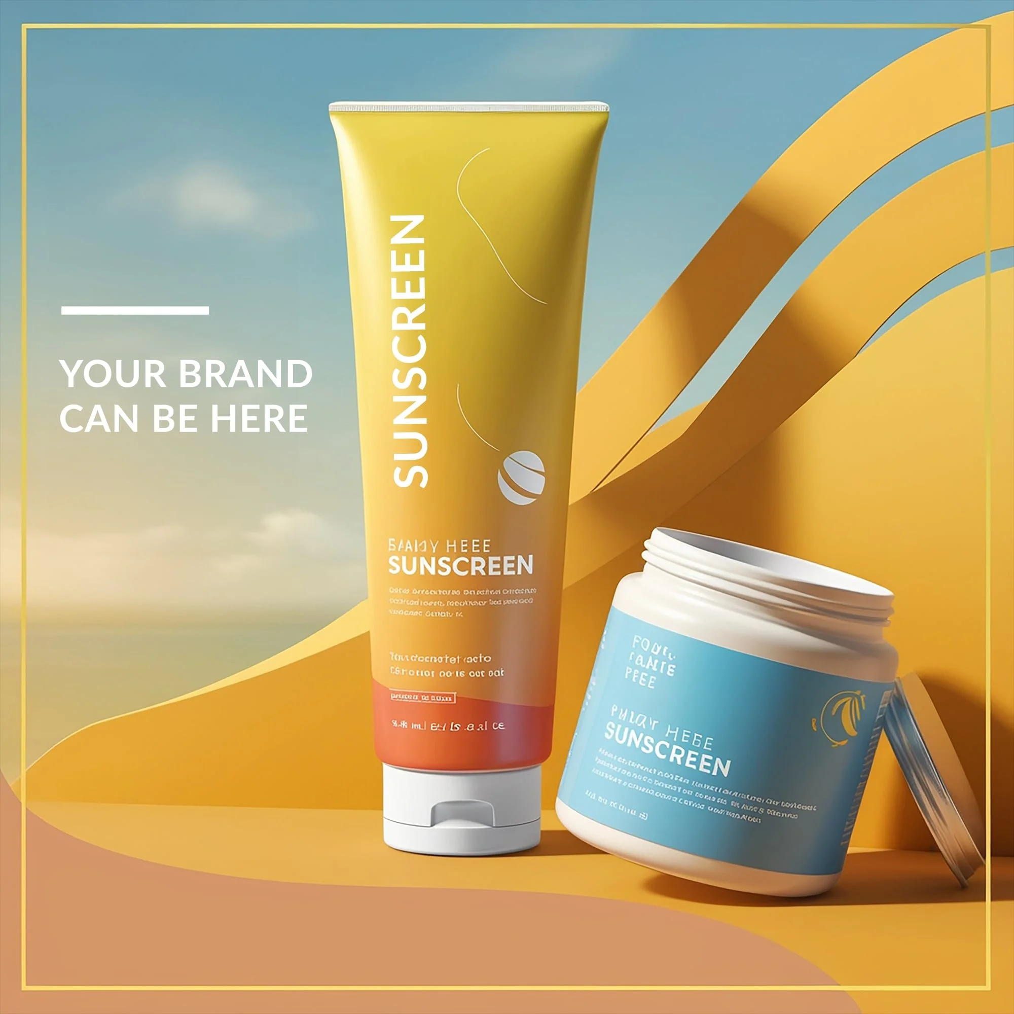 A promotional image with a yellow and orange gradient background displaying a tube of sunscreen and a jar of after-sun cream, with a placeholder for brand customization on the left side.