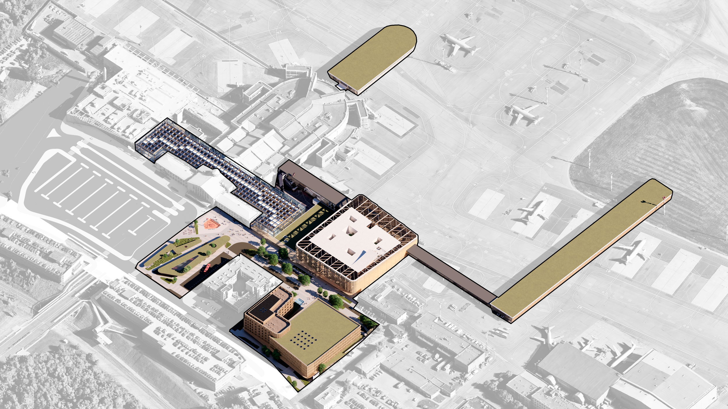 Phase 4 diagram showing proposed Terminals 6 and 7, along with an airport hotel and parking building at Vilnius Airport.