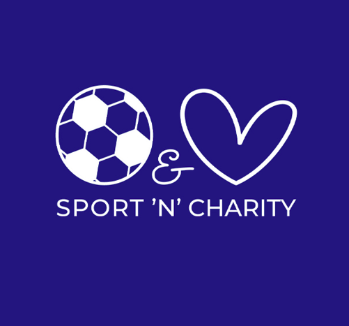 Graphic with a soccer ball, an ampersand, and a heart symbol, with text 'Sport 'n' Charity' on a blue background.