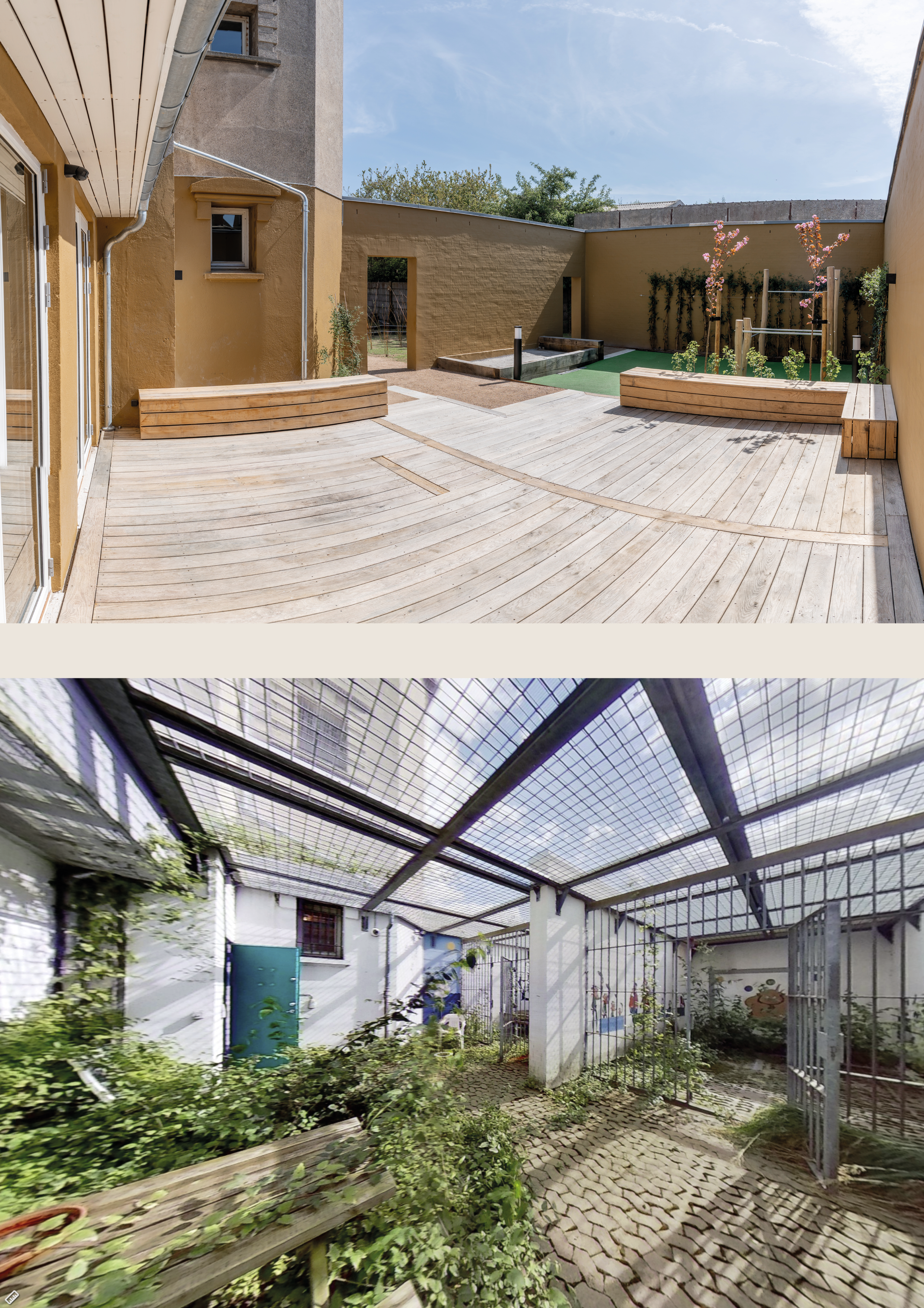 Before and after comparison of the terrace at Maribo Halfway House