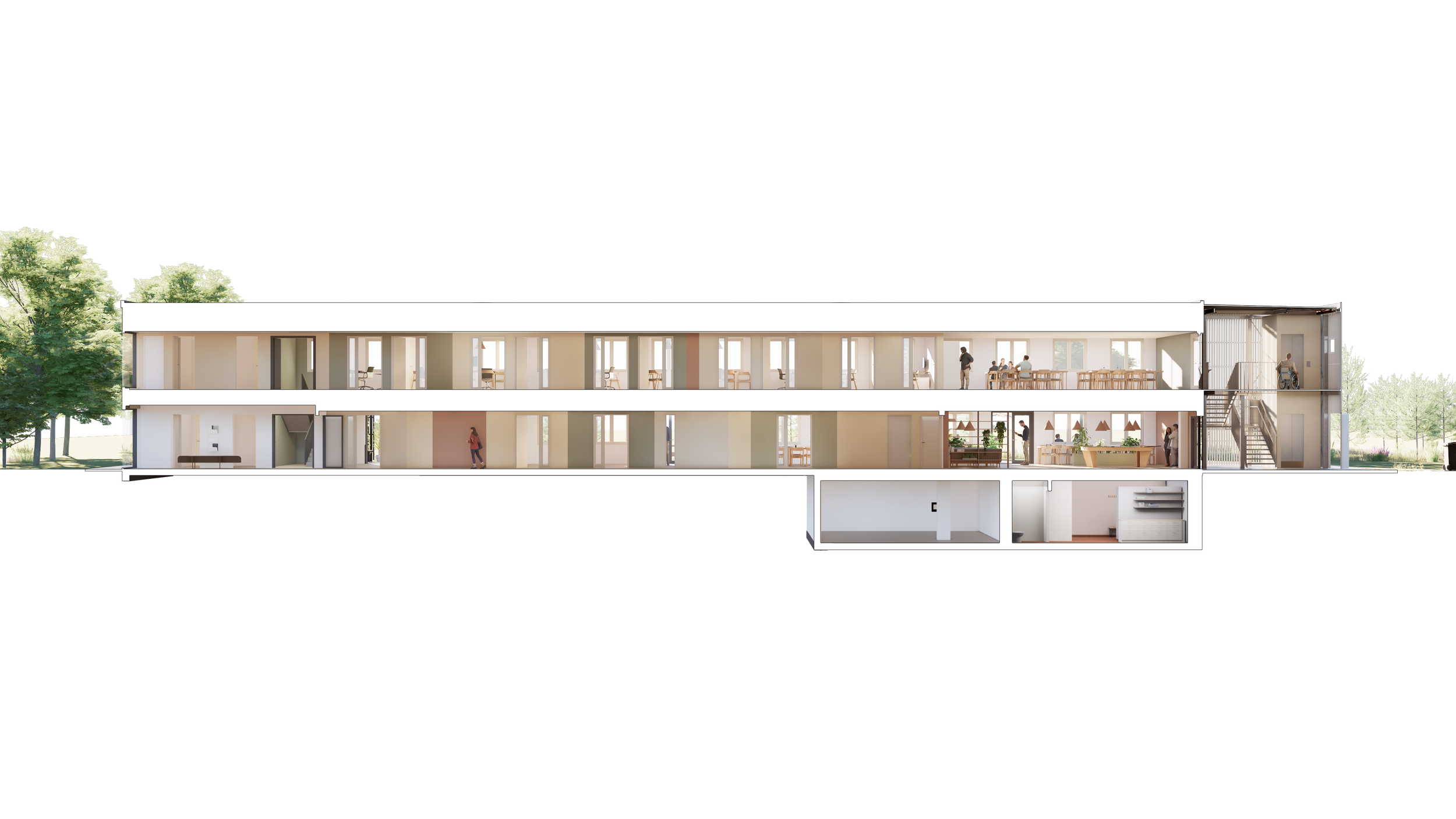 Snit der viser farver materialer og wayfinding der skaber tryghed og orientering