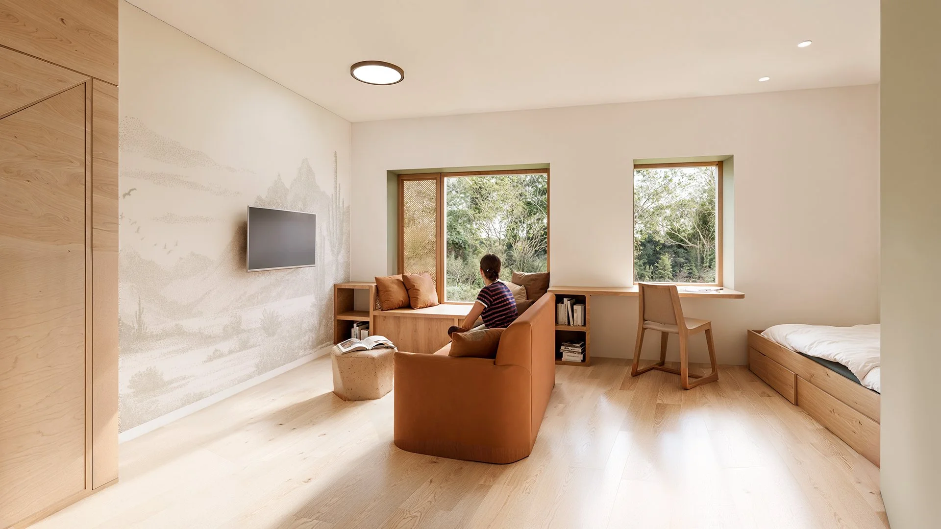 Resident room with seating by the window and views to the outside