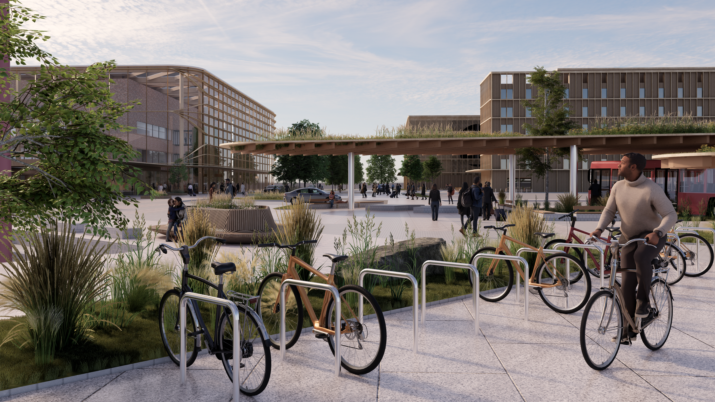 Bicycle parking integrated into the landside area at Vilnius Airport.