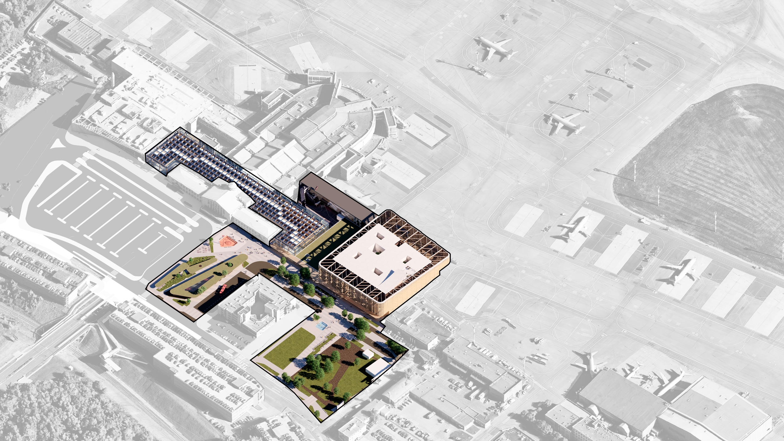 Phase 3 diagram illustrating the control tower positioned between the plaza and the new Terminal 5 at Vilnius Airport.