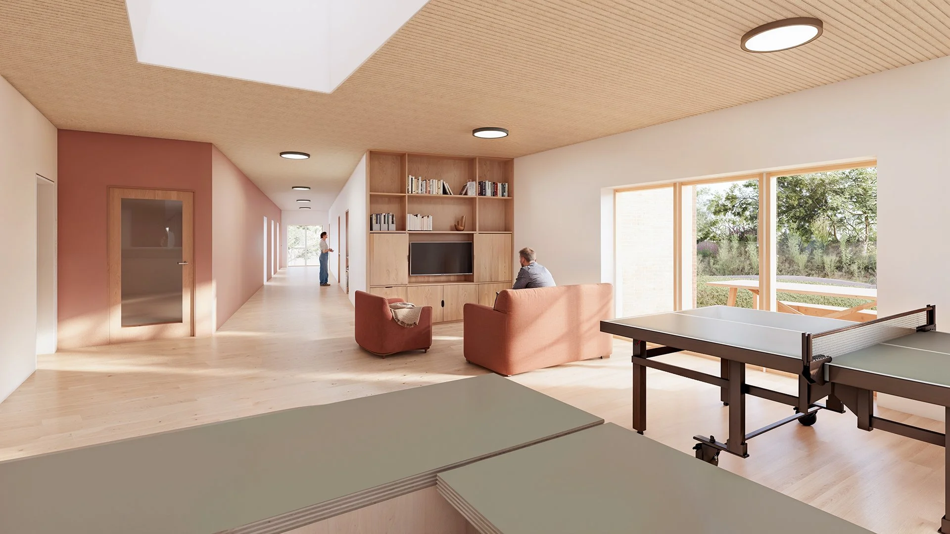 Staff workspace in the Big H building allowing visual overview of shared spaces without surveillance