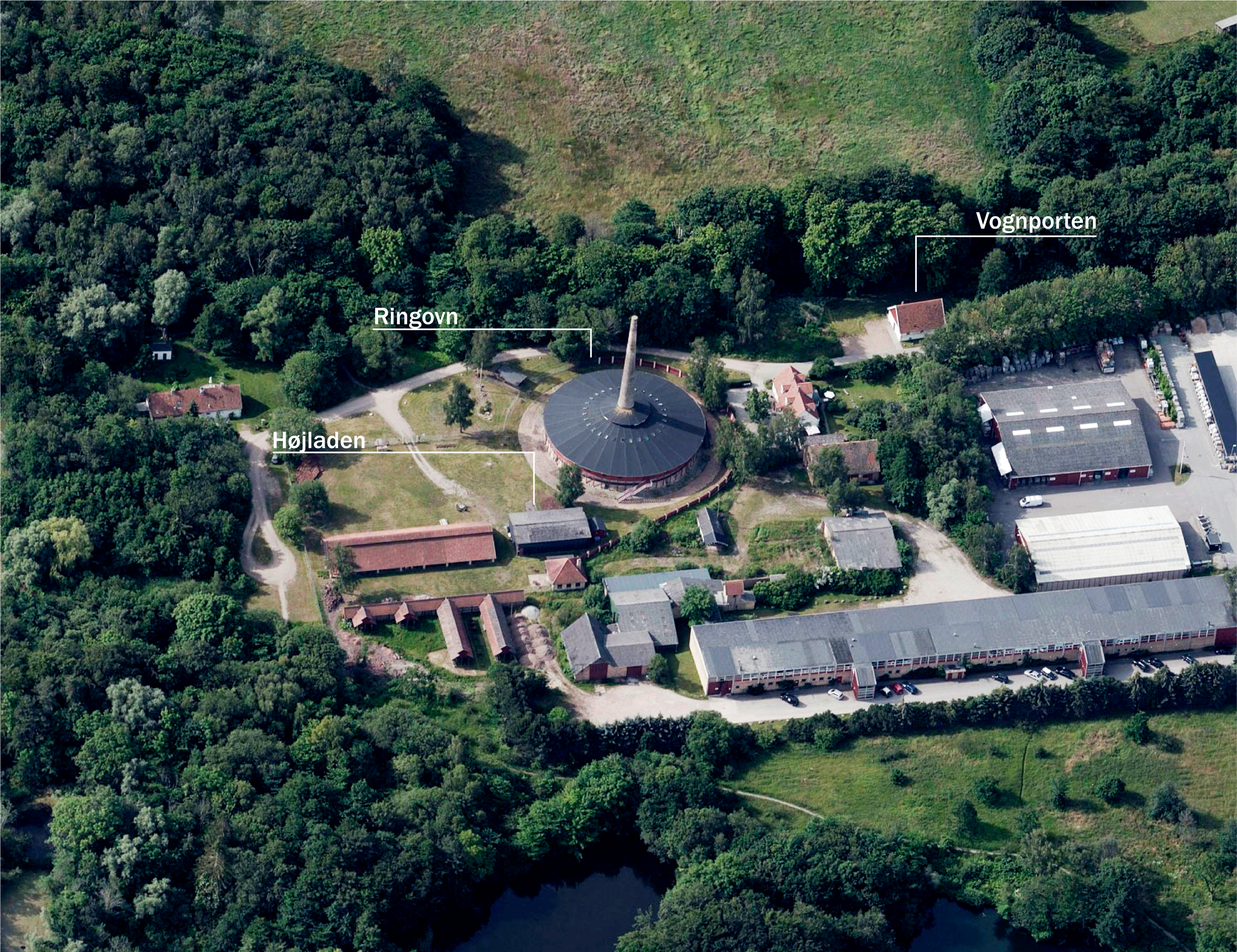 Aerial view of Nivaagaard Teglværk with Ringovn, Højladen and Vognporten
