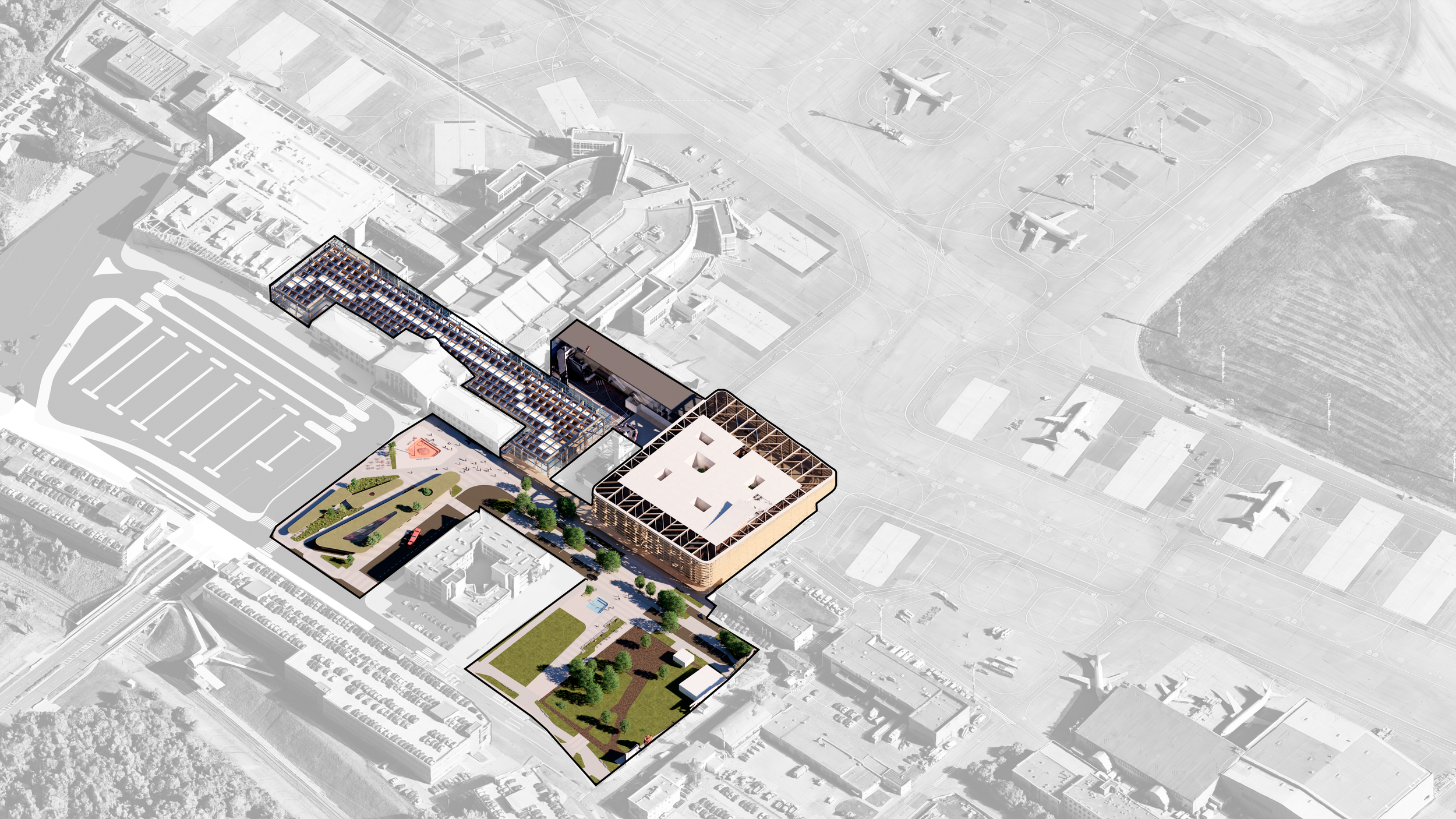 Phase 2 diagram showing the proposed bus station and plaza at Vilnius Airport.