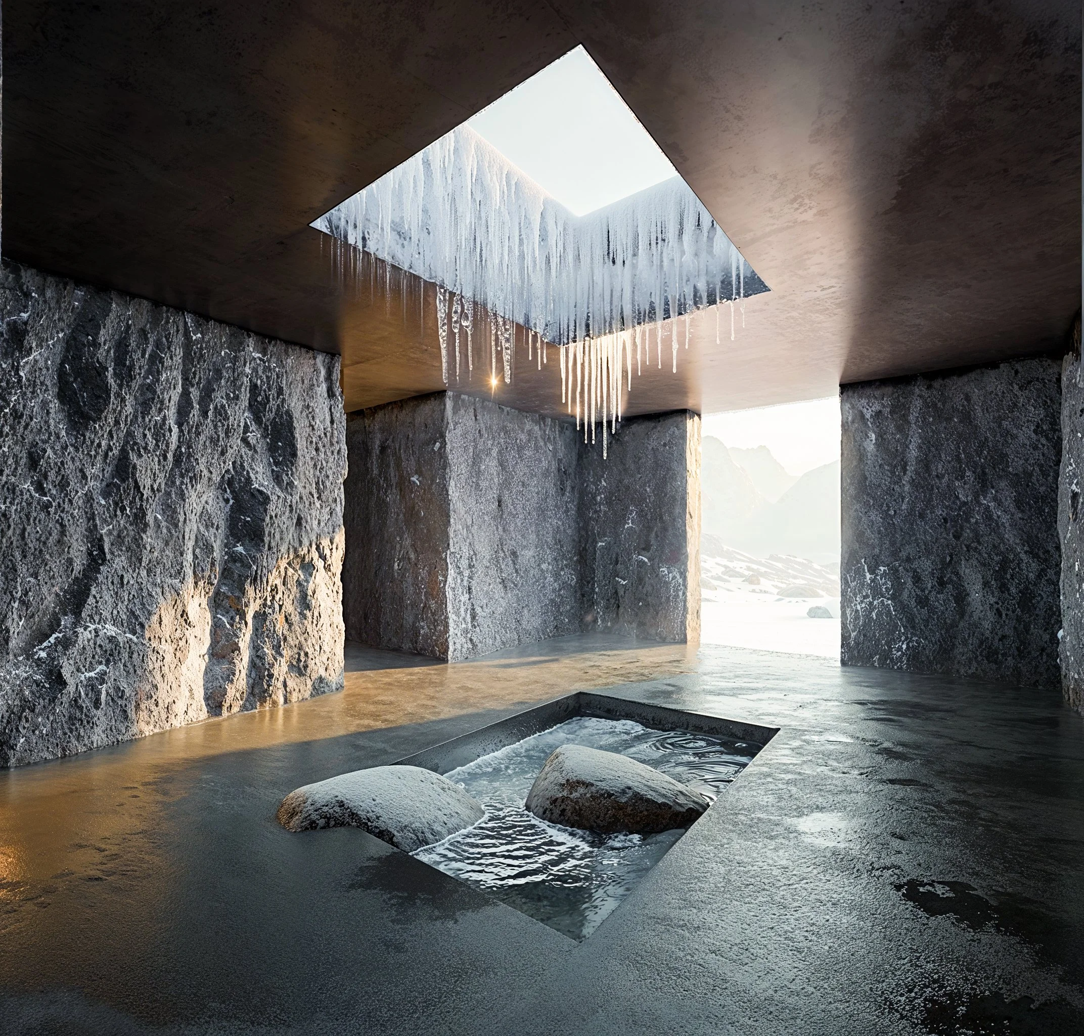 Interior space with dark stone walls and controlled daylight at the visitor center