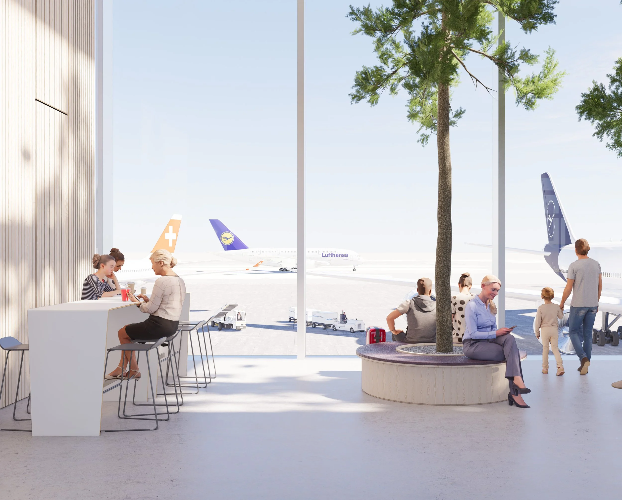 Boarding area at Zürich Airport showing clear passenger flow design and spatial organisation.