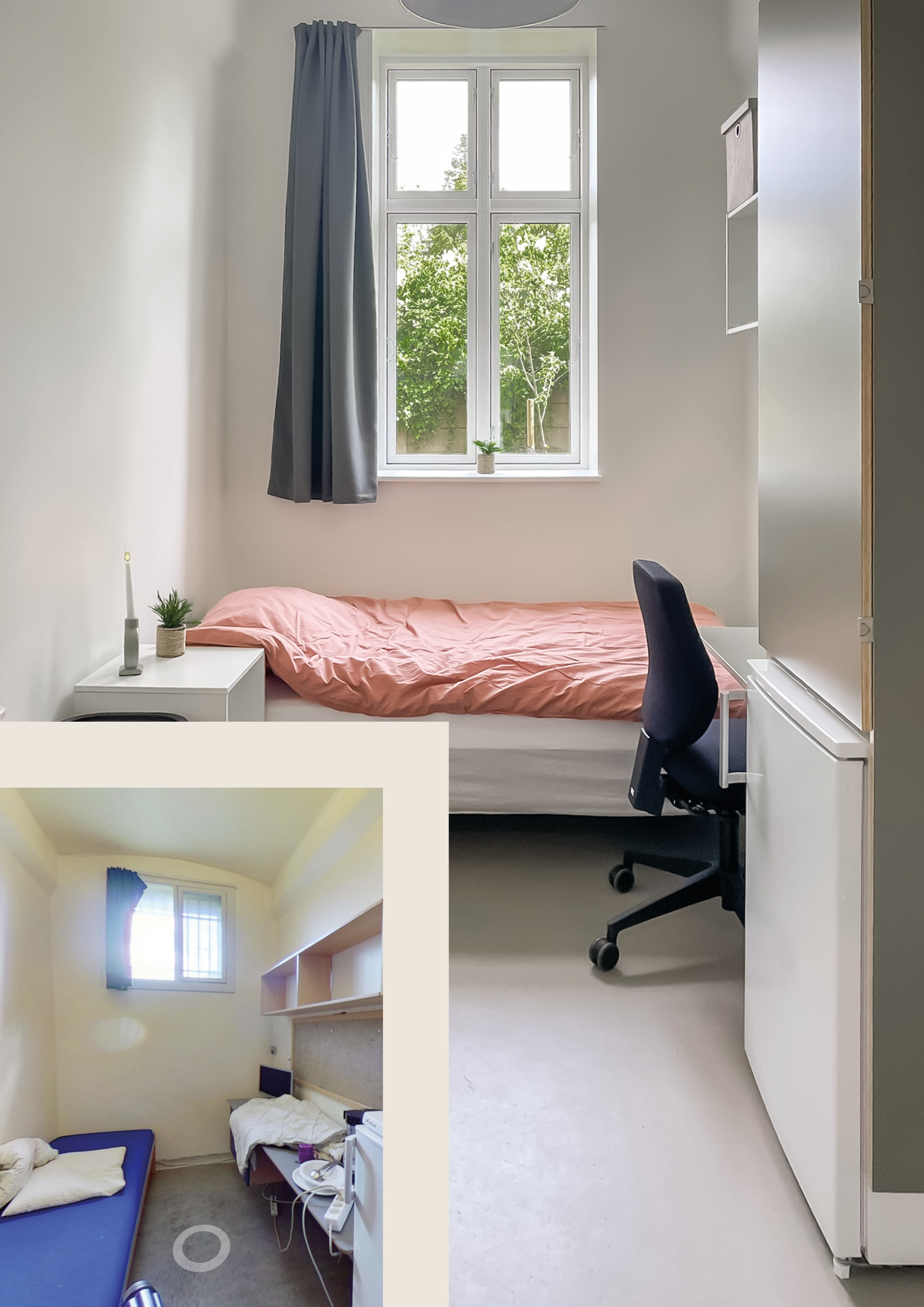 Before and after comparison of a resident room at Maribo Halfway House