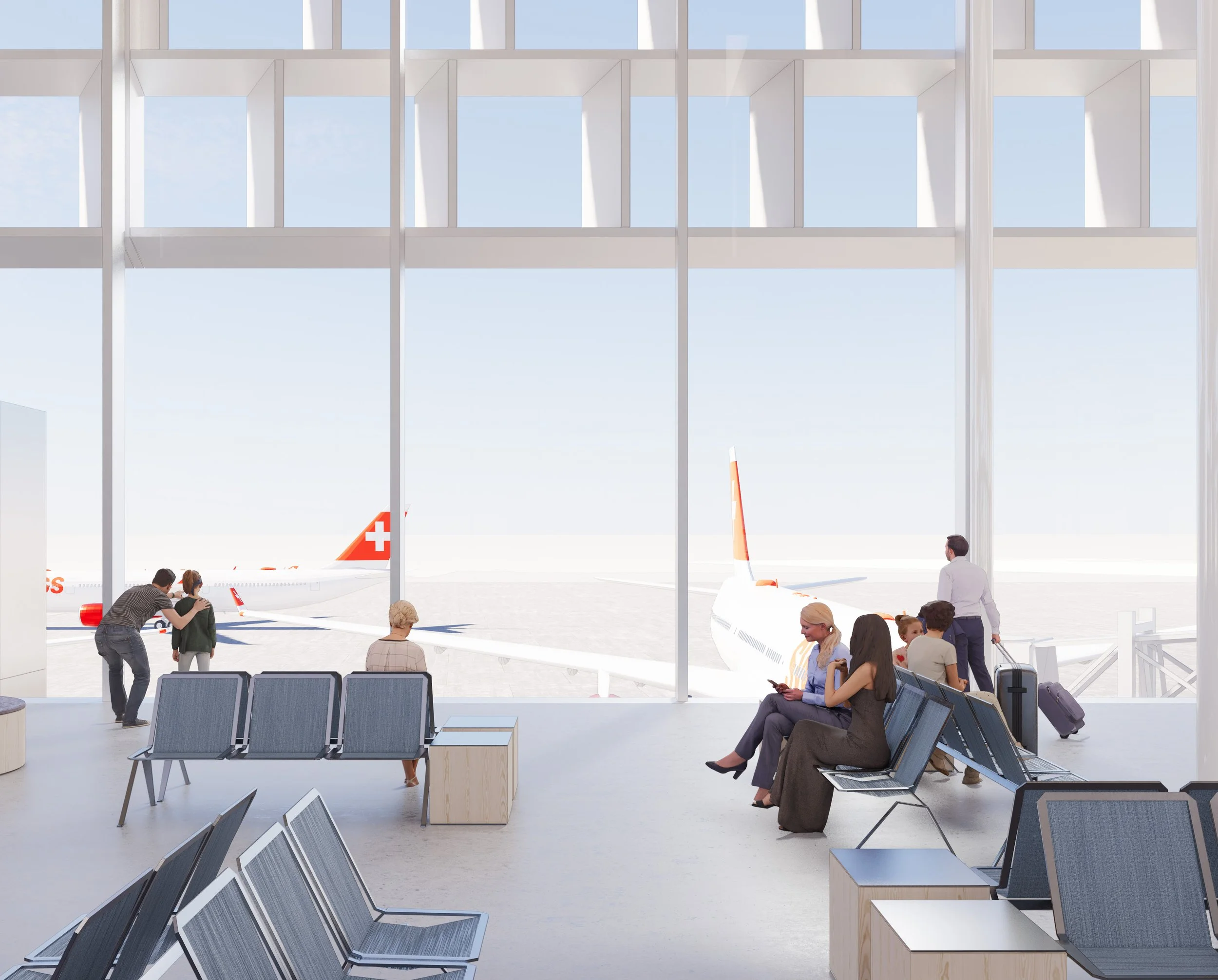 Boarding area at Zürich Airport illustrating gate access.