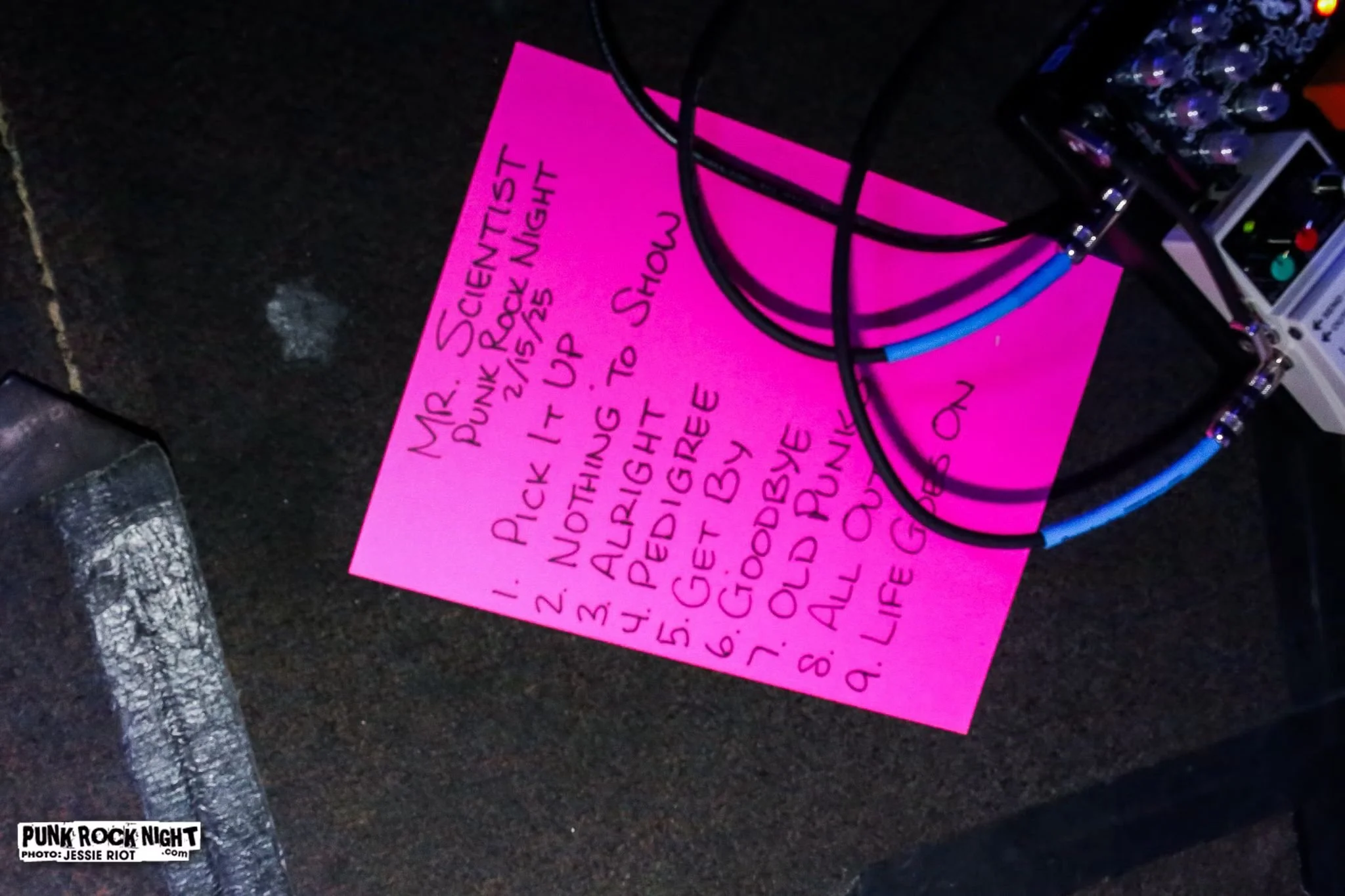 Band setlist on stage.