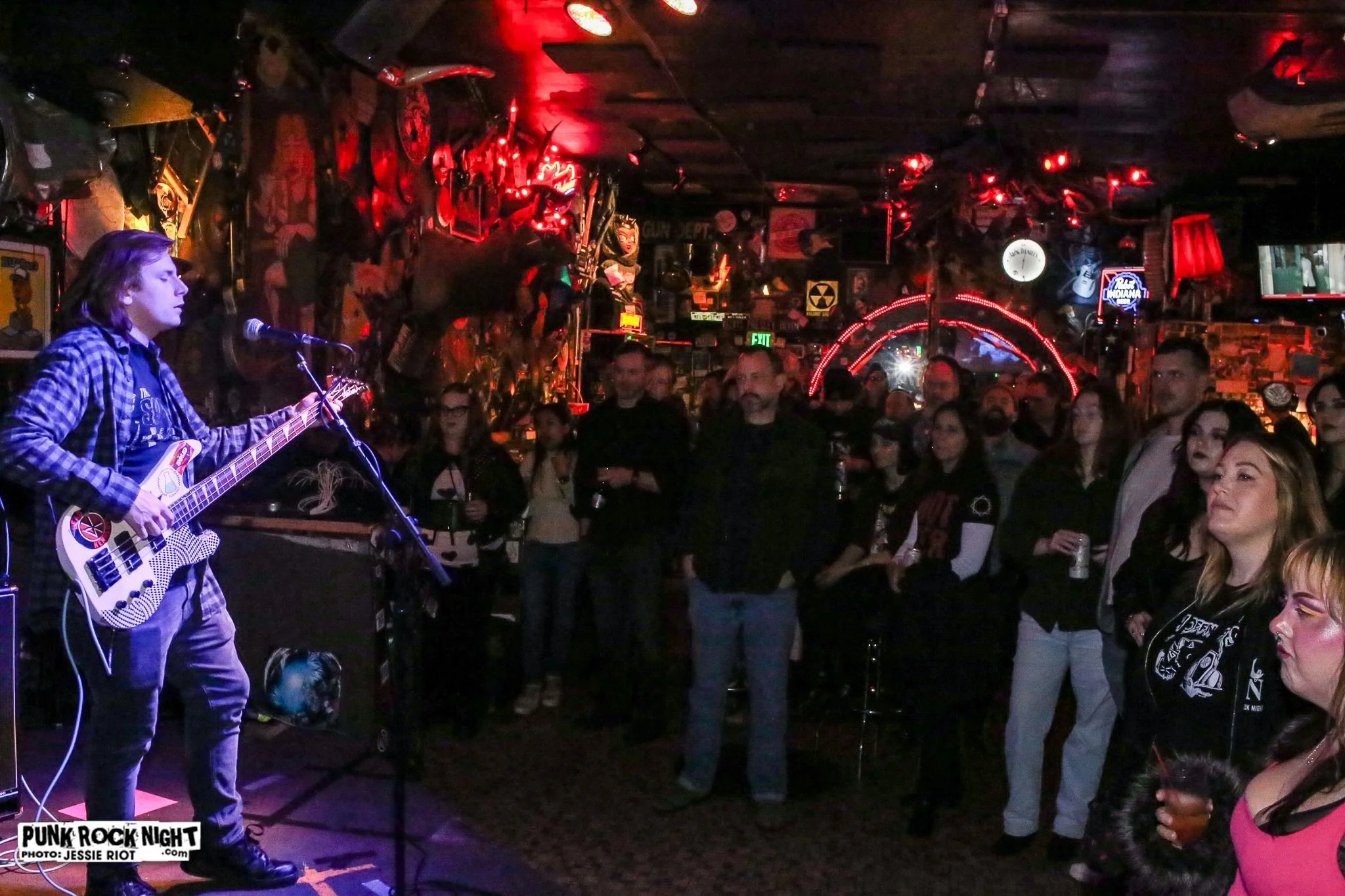 Bass player in front of punk crowd.