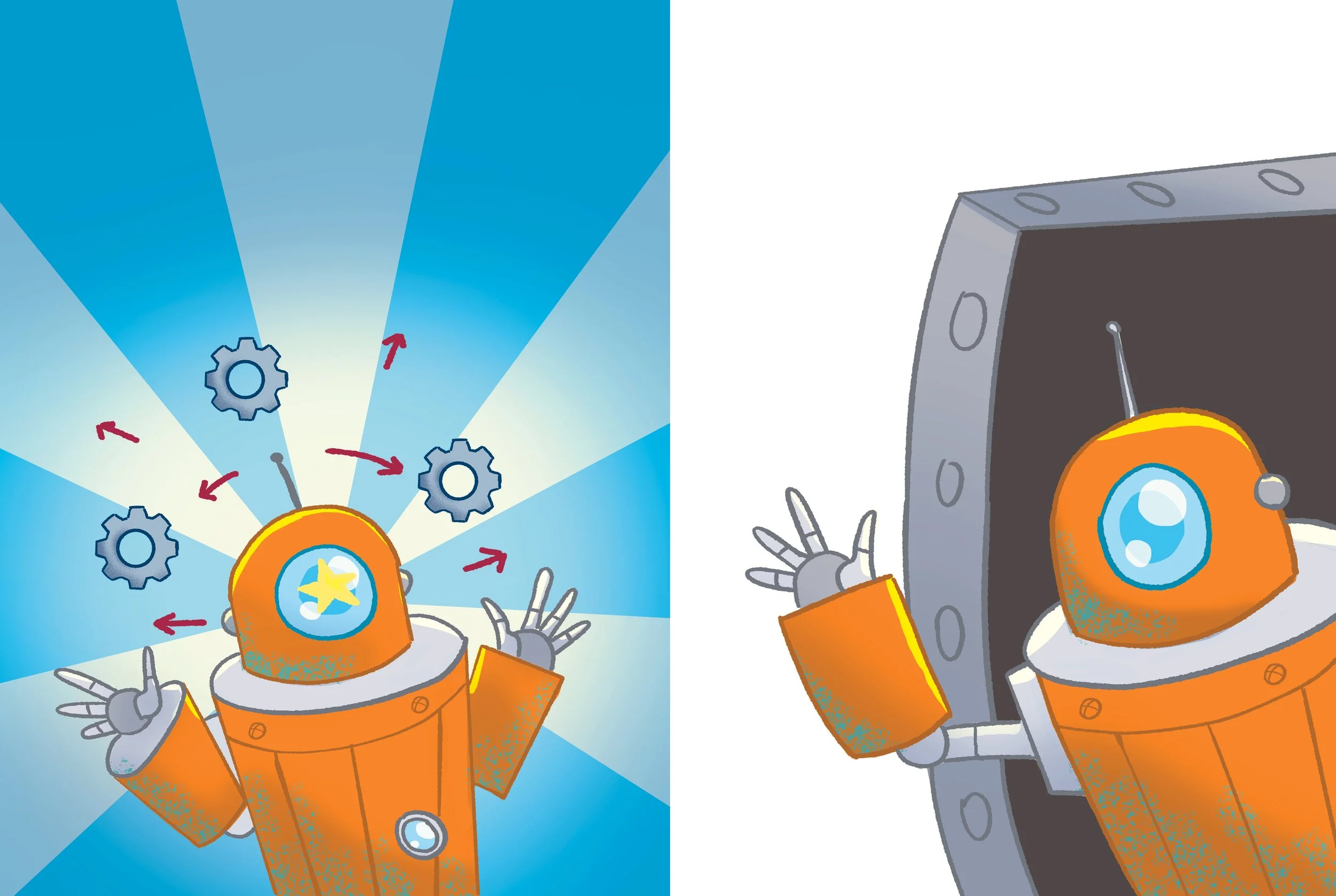 Digital illustration of a robot with an orange body and gray limbs, holding tools, with gears and arrows around it, implying a technical or engineering theme.