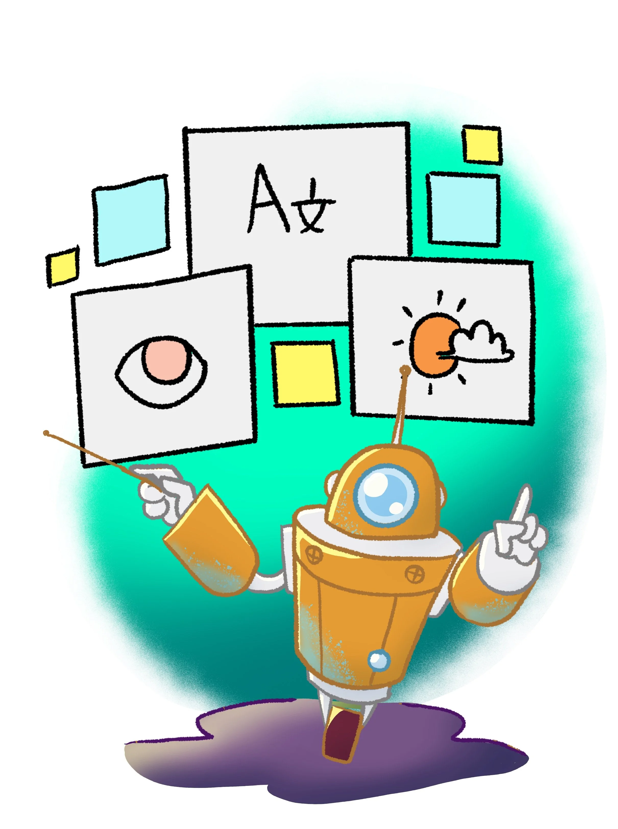 A cartoon robot with orange and white features, holding an orange mug, pointing with one hand, and surrounded by floating screens and icons about art, weather, and culture.