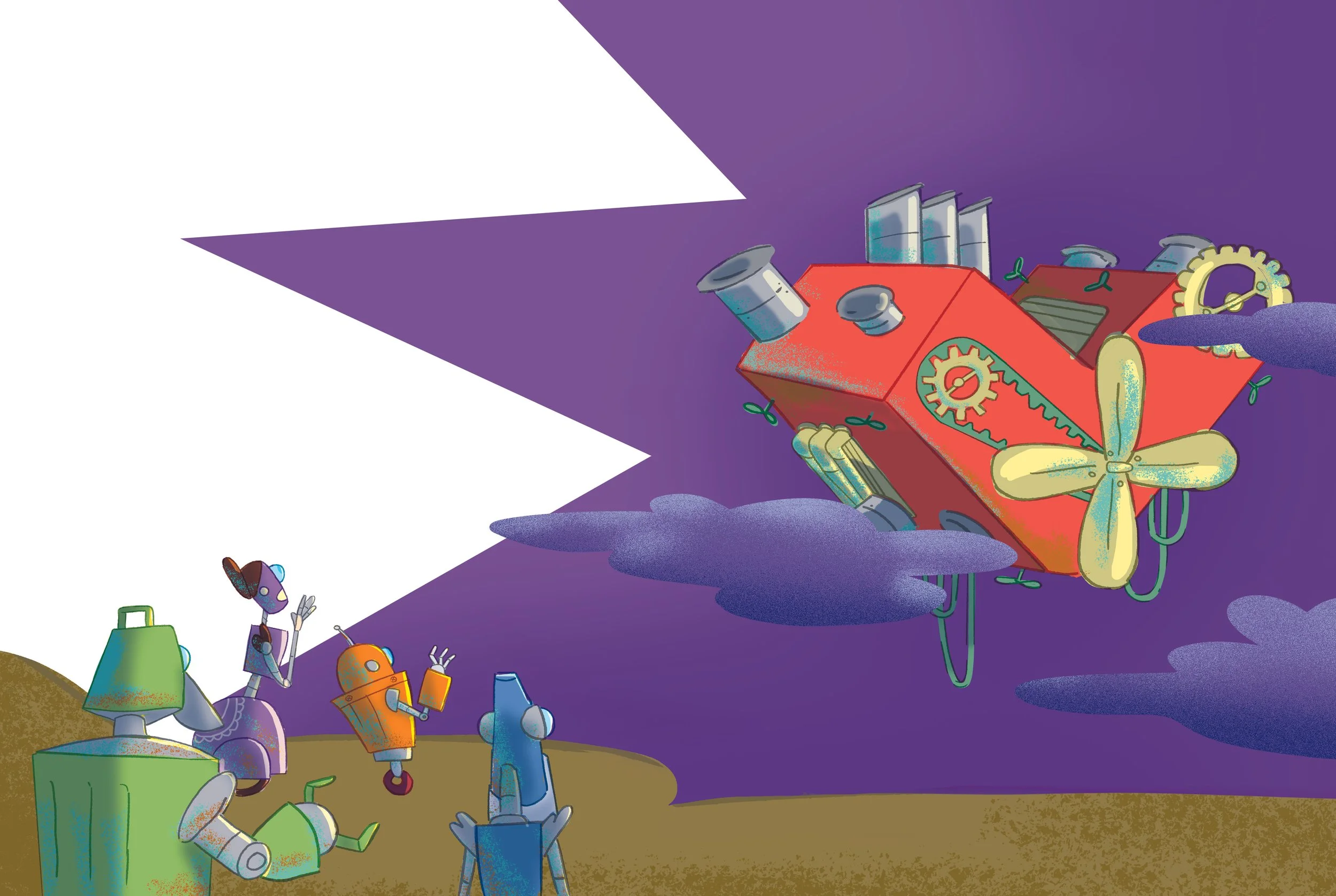 Colorful illustration of robots gathered on a planet with purple sky, some robots with trash cans and others looking at a flying robot spaceship with gears and mechanical parts.