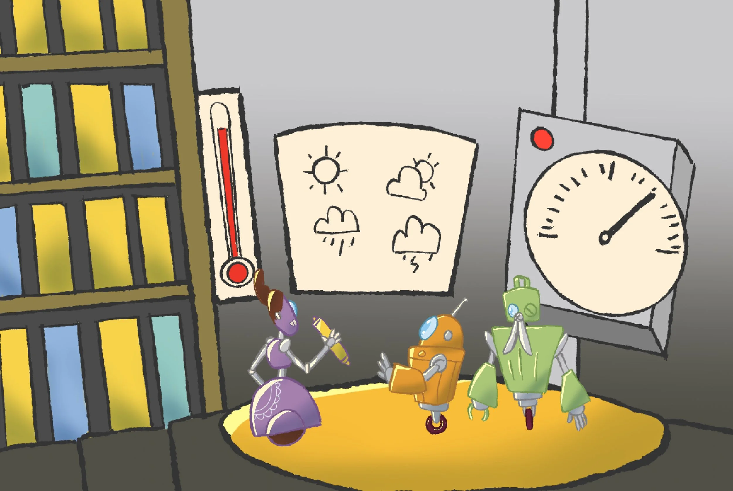 Four robots gathered in a room with a bookshelf, weather forecast, and clock. The robots are talking to each other.