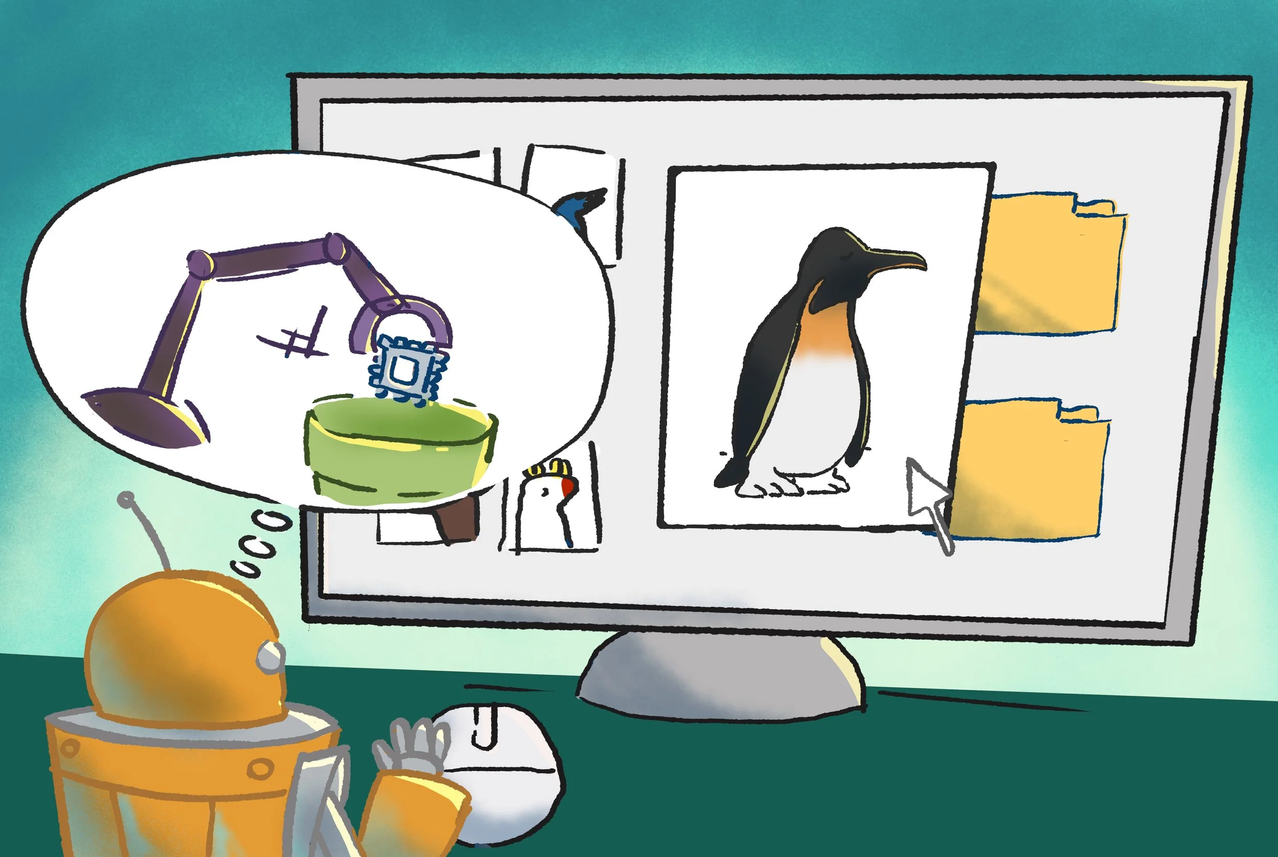 A cartoon robot with orange and gray body parts is looking at a computer monitor displaying a presentation about penguins, which shows real images of a bird and some yellow folders.