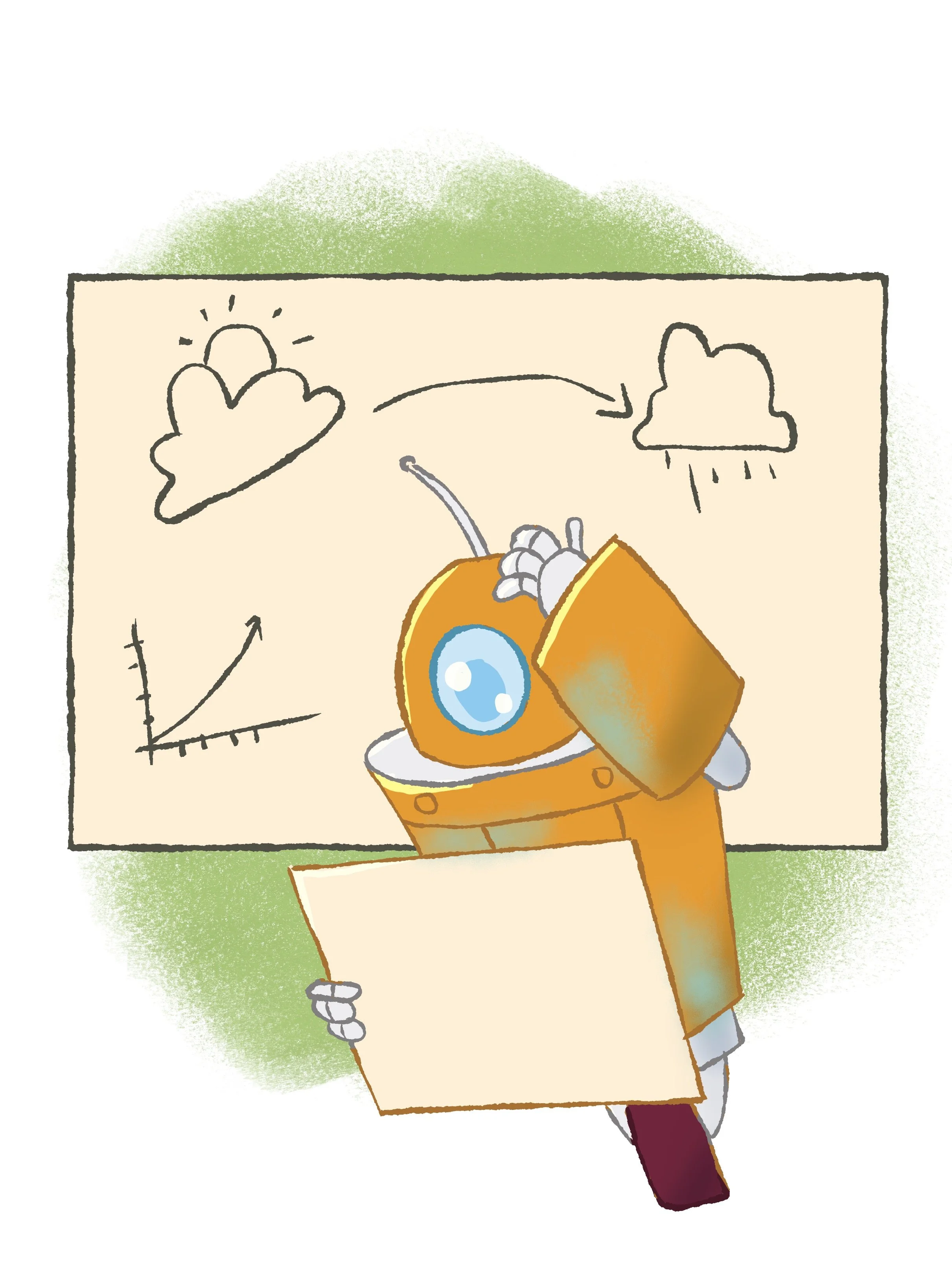 A cartoon robot with a large blue eye, orange body, and metallic arm holding a blank paper, standing in front of a whiteboard with weather related drawings and a graph, in a green room.