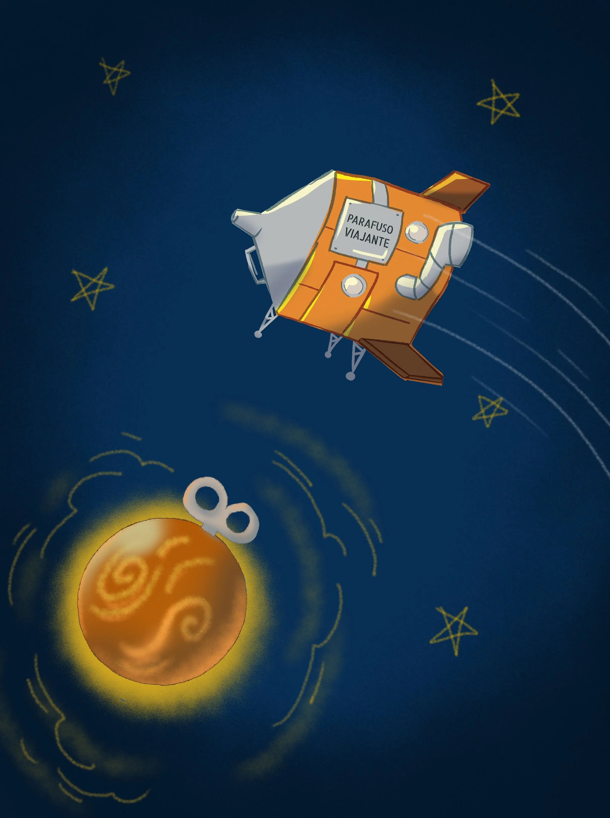Illustration of a satellite in space with a label that reads "Parafuso Viajante" against a dark blue background with yellow stars and swirling patterns.