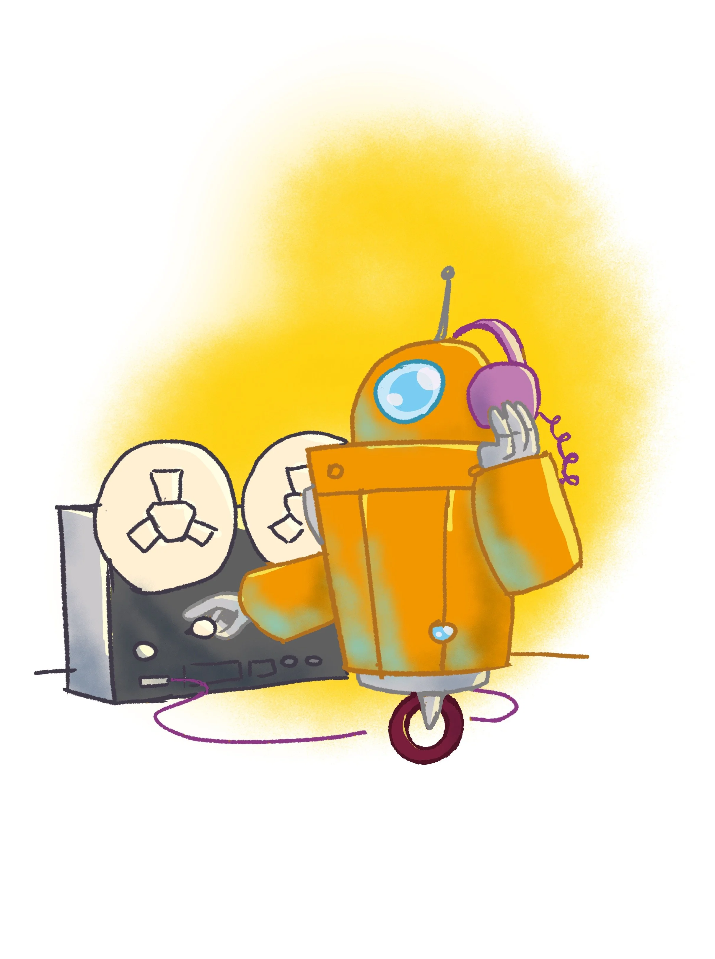 A colorful cartoon drawing of a robot with a round orange head, a blue eye, purple headphones, an orange body, gray arm, and purple antenna, standing beside a black DJ turntable with two white records, with a yellow background.