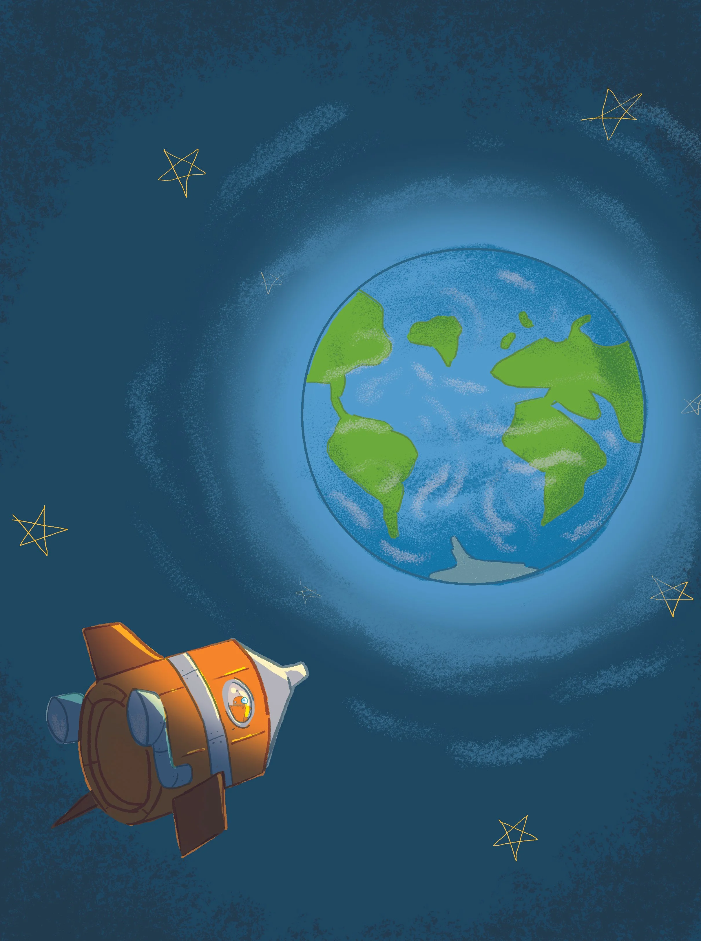 An illustration of a spaceship in space near Earth, with stars in the background.