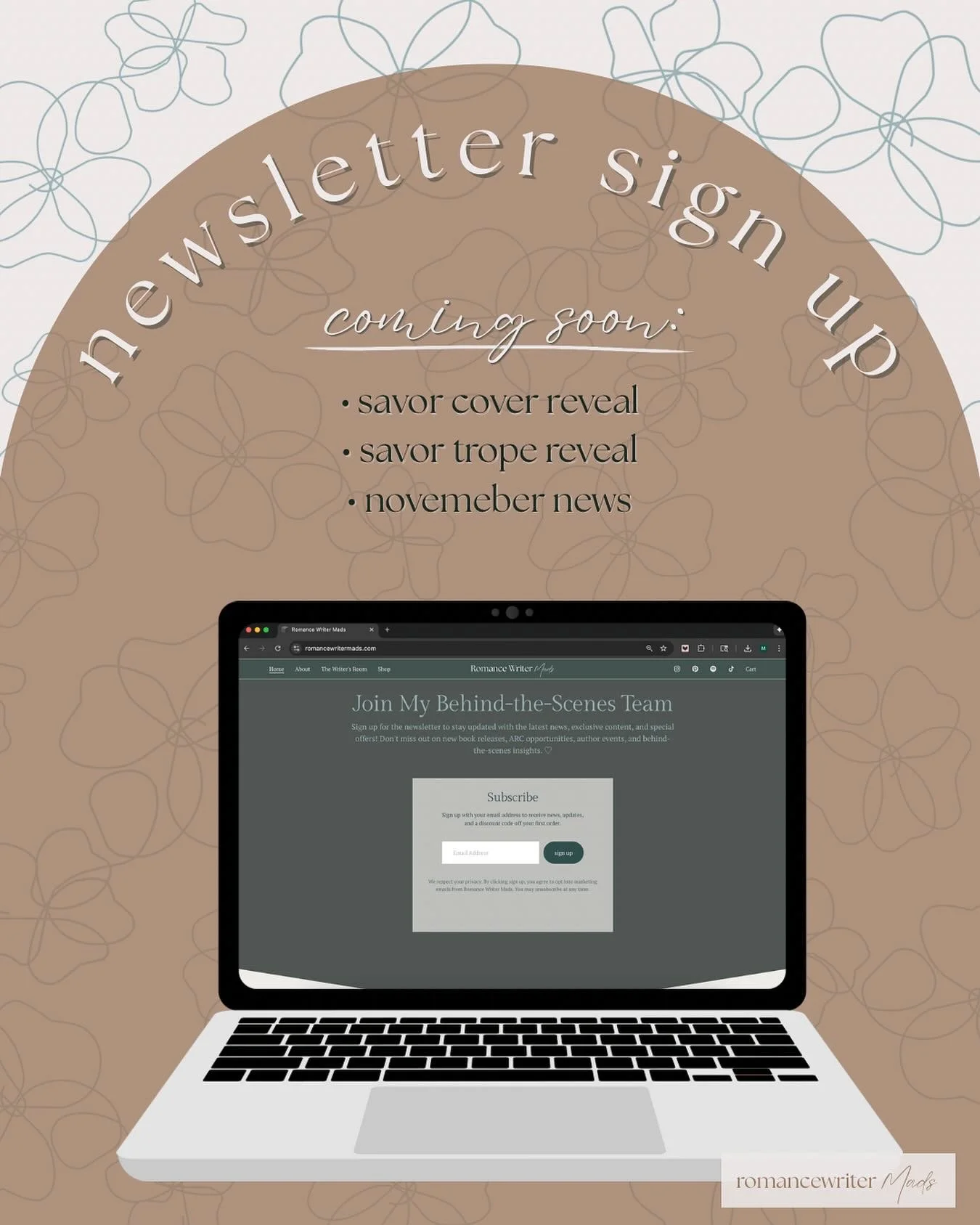 There’s a lot of things coming out in the next newsletter, so make sure you’re subscribed. You can sign up on romancewritermads.com (link in bio). Some perks of being a newsletter subscriber are:
• Discounts on signed copies
•