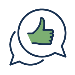 Speech bubble with a green thumbs-up icon inside
