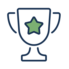 Icon of a trophy with a star in the center, outlined in dark blue and green.