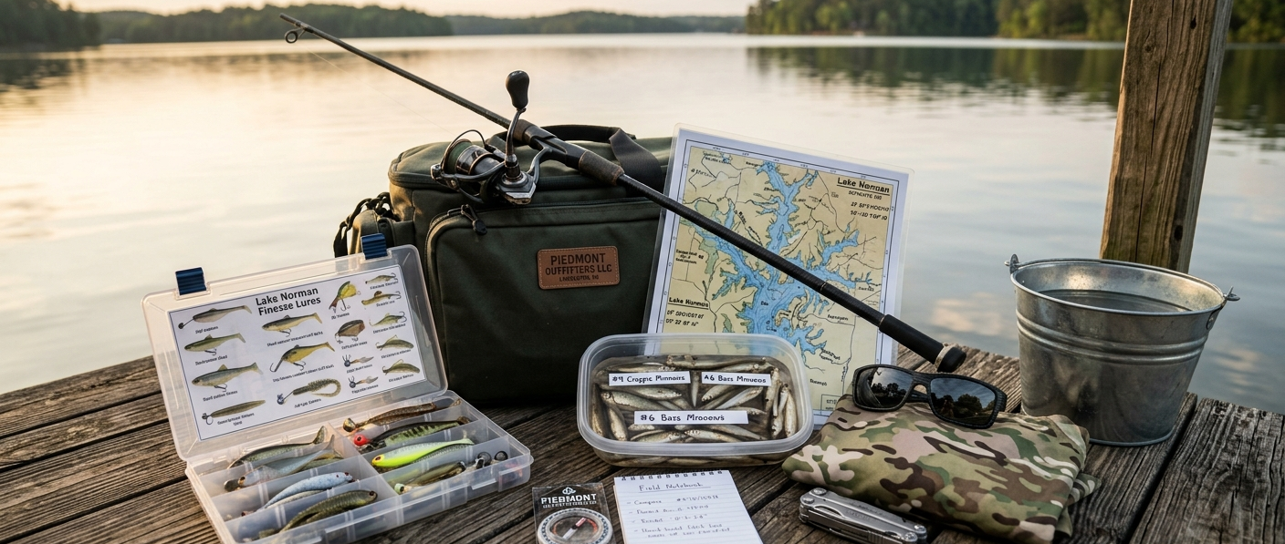 A selection of fishing gear, including a rod and reel, tackle box with lures, Lake Norman map, live minnows, and a field notebook, arranged on a wooden dock with Lake Norman in the background.