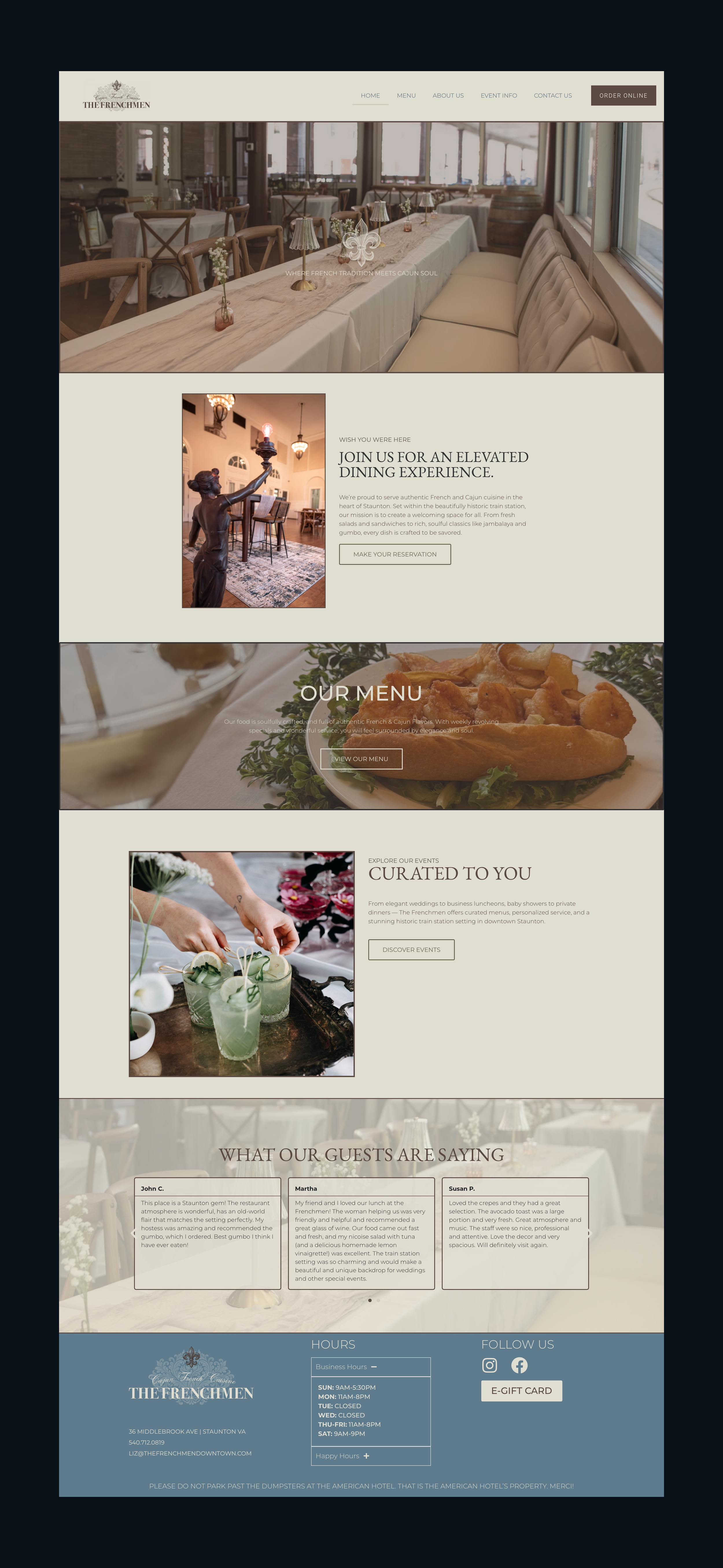 Website homepage for The Frenchmen, a restaurant featuring dining areas, a Moroccan-style statue, dishes, drinks, and customer reviews.
