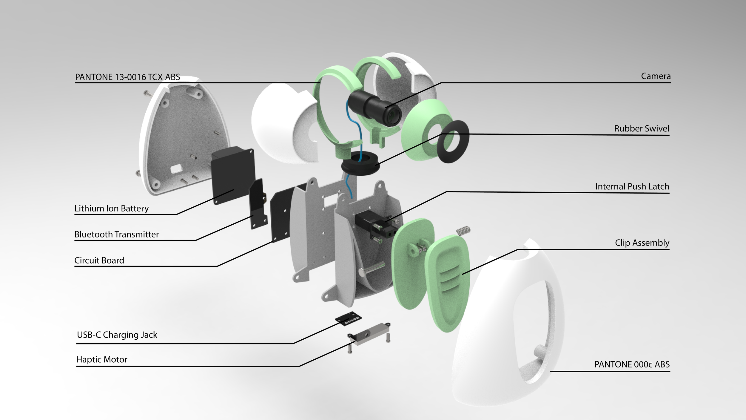 Desk camera exploded view desk - made with Solidworks, Keyshot and Illustrator