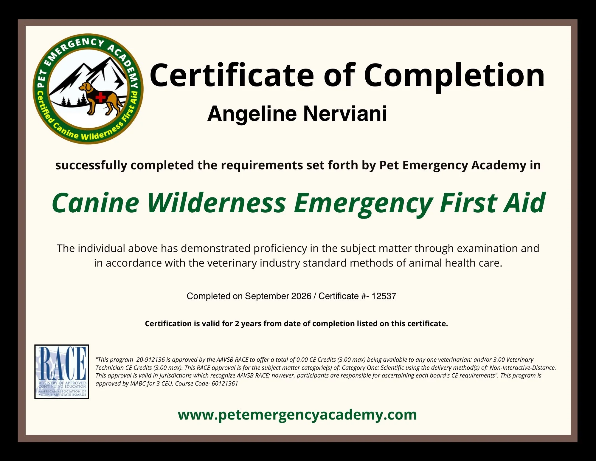 Certificate of Completion from Pet Emergency Academy awarded to Angeline Nerviani for completing Canine Wilderness Emergency First Aid, dated September 2026, with certification valid for two years.