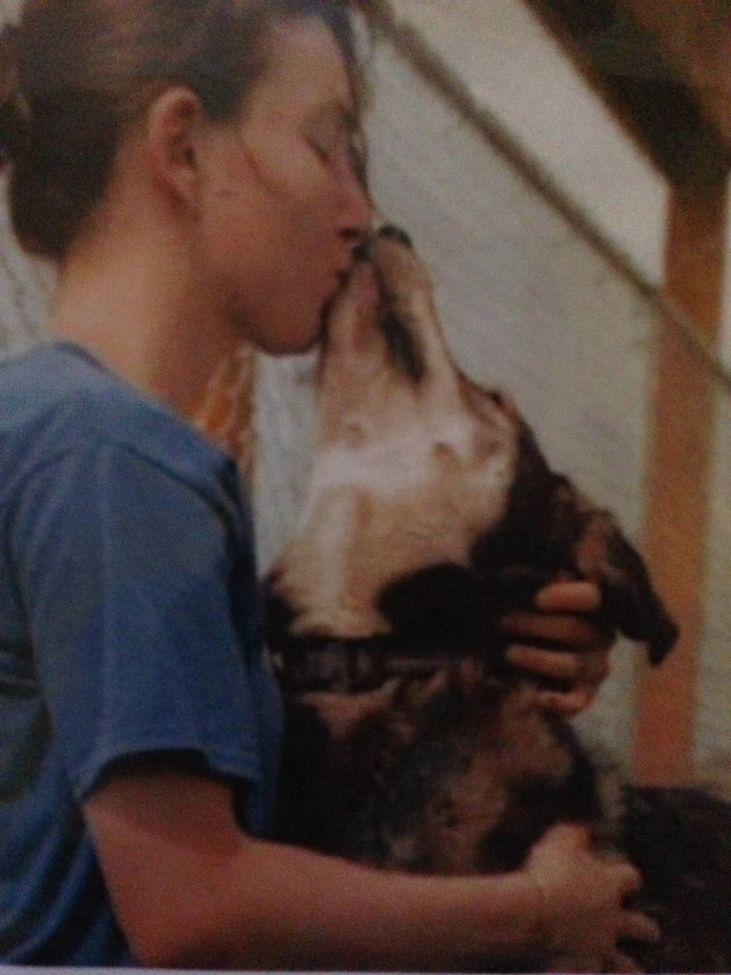 Adult Angie doing a photo shoot with a shelter dog. 