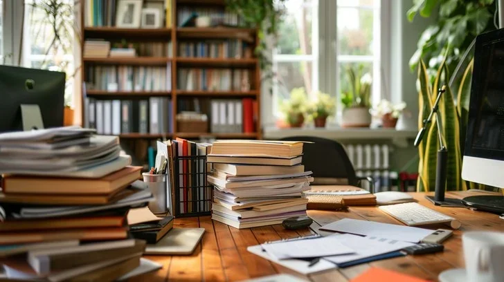 An organized home office desk with stacks of papers and books, a computer, and a bookshelf background with plants and sunlight.