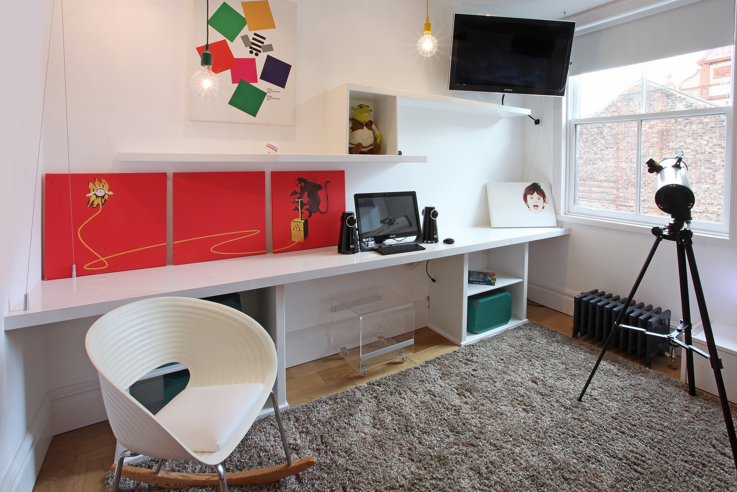 Playful modern kids’ bedroom in Manchester Victorian house renovation with soft tones and natural light.