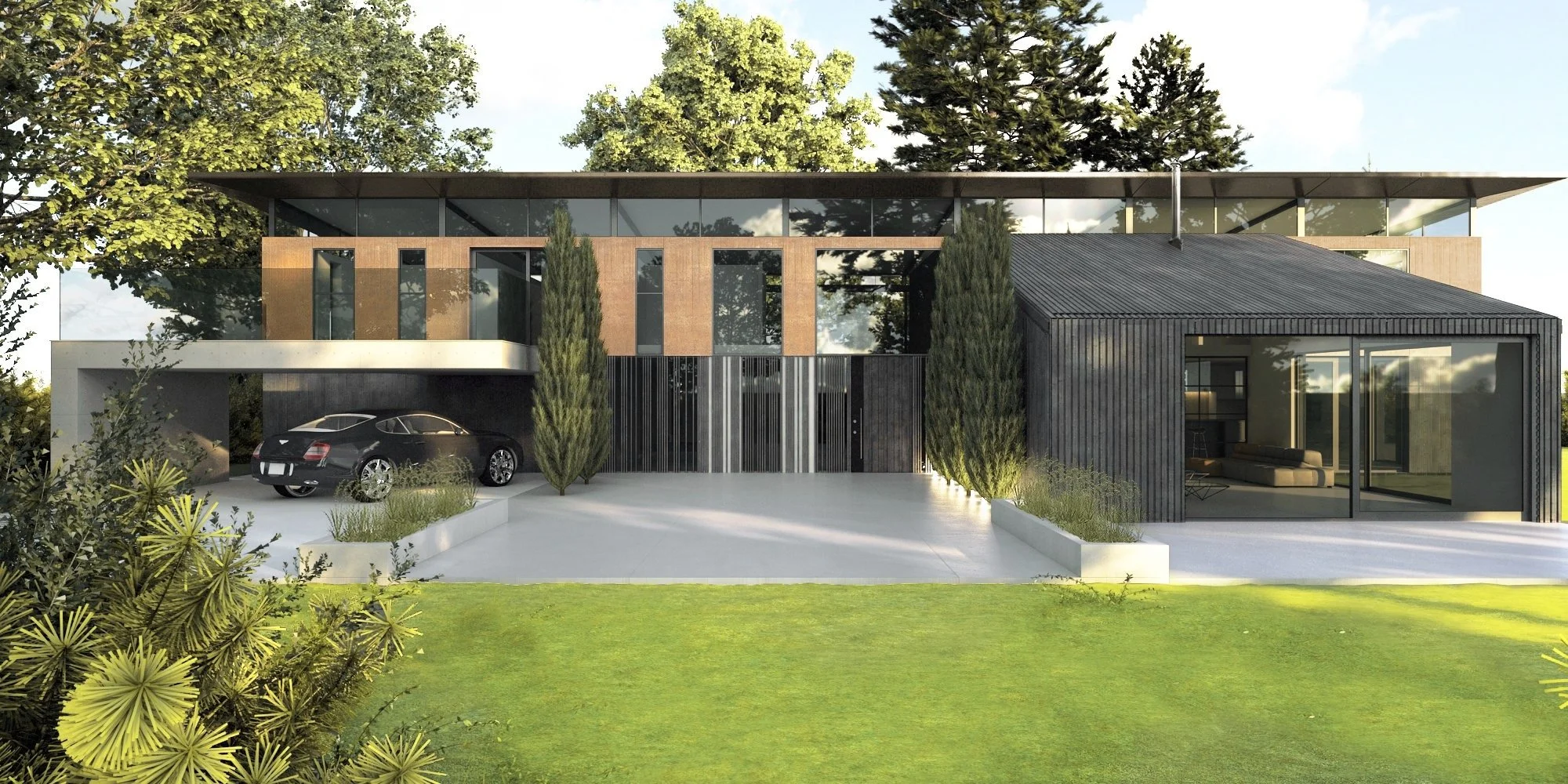 Space Architecture + Planning — Modern two-story house with large windows, a car parked in the driveway, surrounded by trees and greenery.