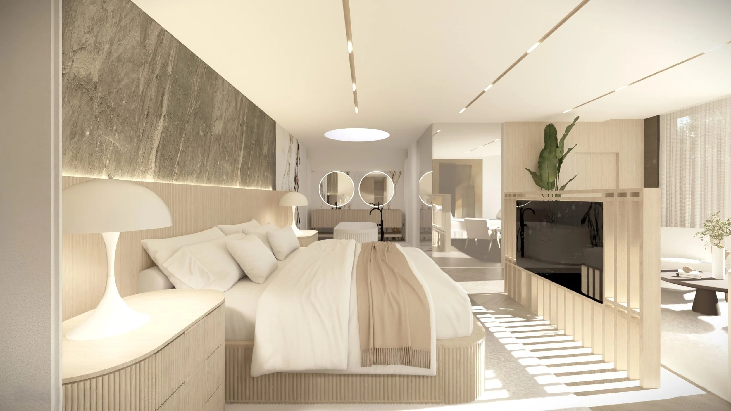 Space Architecture + Planning — Modern master bedroom with a large bed, stylish nightstands, circular mirrors, a flat-screen TV, and contemporary decor in neutral tones.