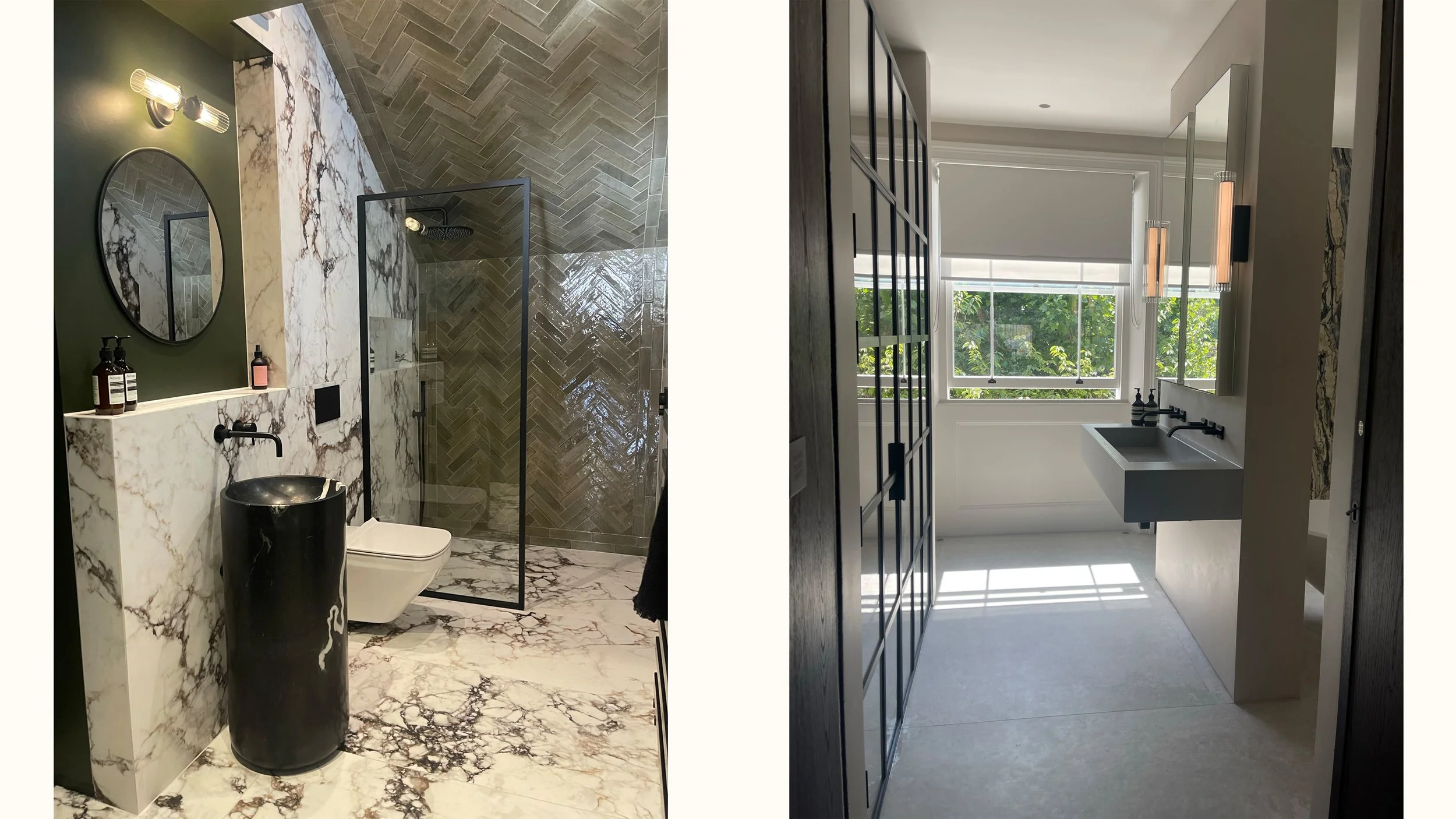 Luxury master bathroom in Maida Vale townhouse with large skylight, glass walls, and natural light flooding the space.