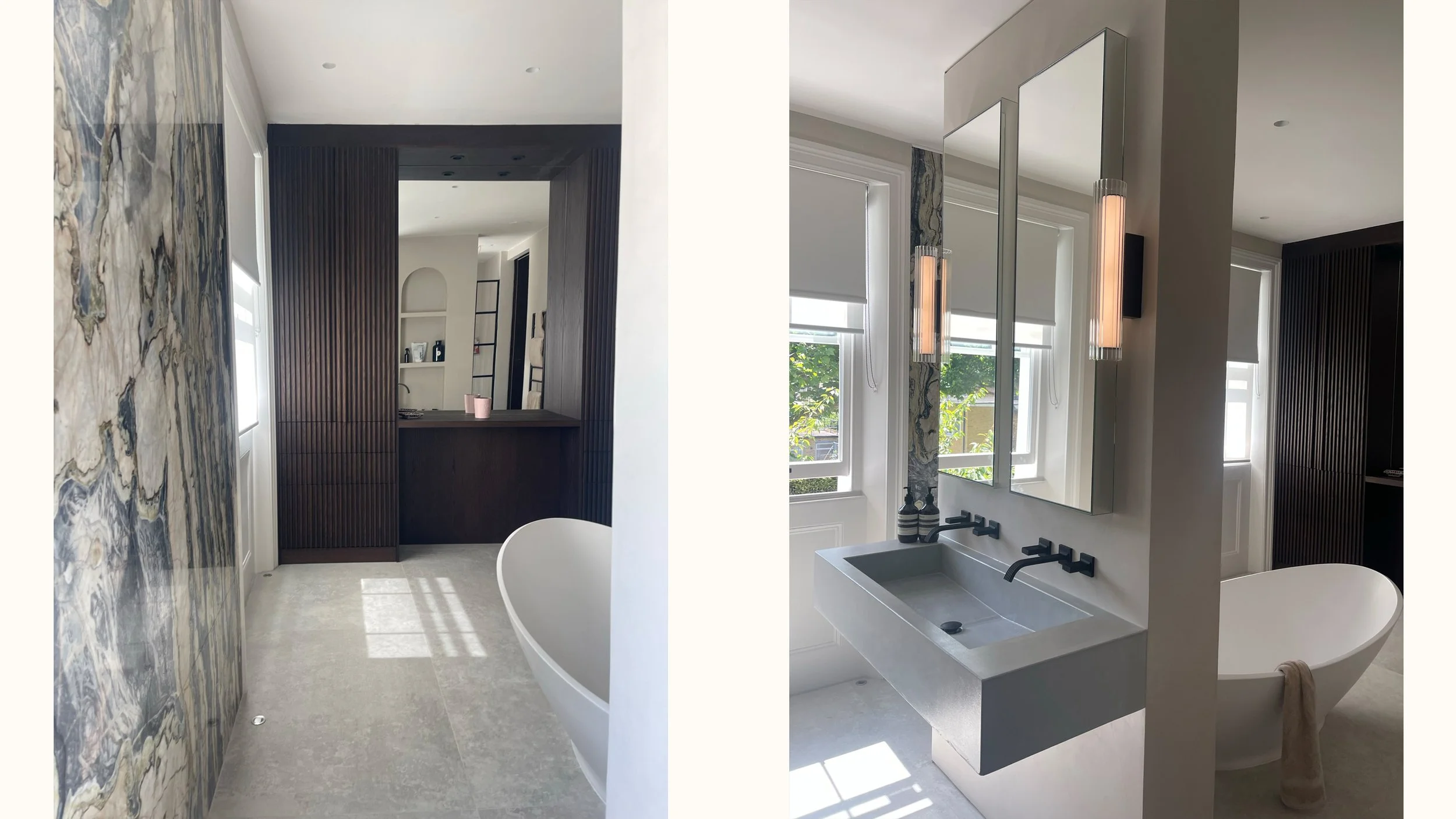 Minimalist bathroom interior with terrazzo surfaces, polished concrete floor, and industrial-inspired finishes in Maida Vale renovation.