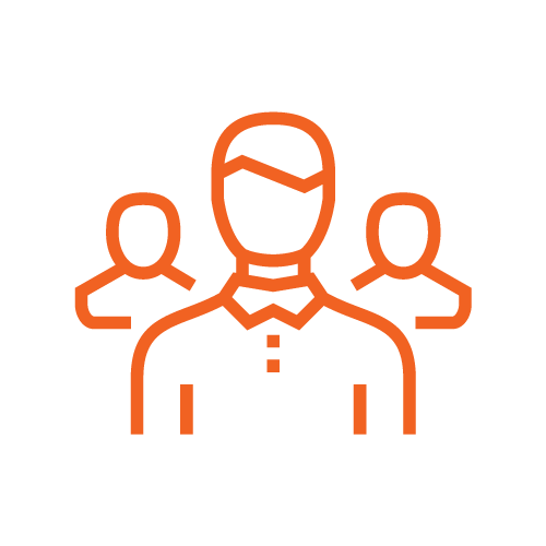 Outline icon of three people, with the central figure in front, representing a group or team.