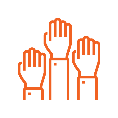 Three raised hands in orange outline on black background, symbolizing voting or participation.